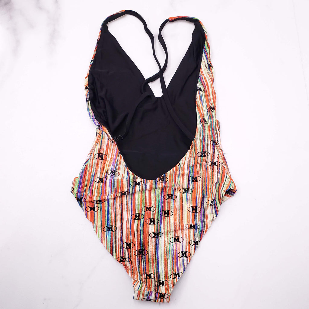 MISSONI MULTICOLOURED LOGO SWIMSUIT WITH OPEN BACK - SIZE 38