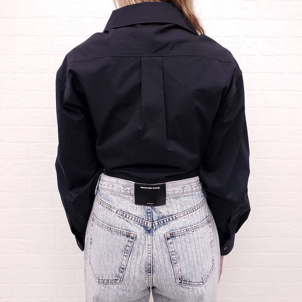 ALEXANDER WANG BLACK CROPPED CRYSTAL TIE SHIRT - SIZE L