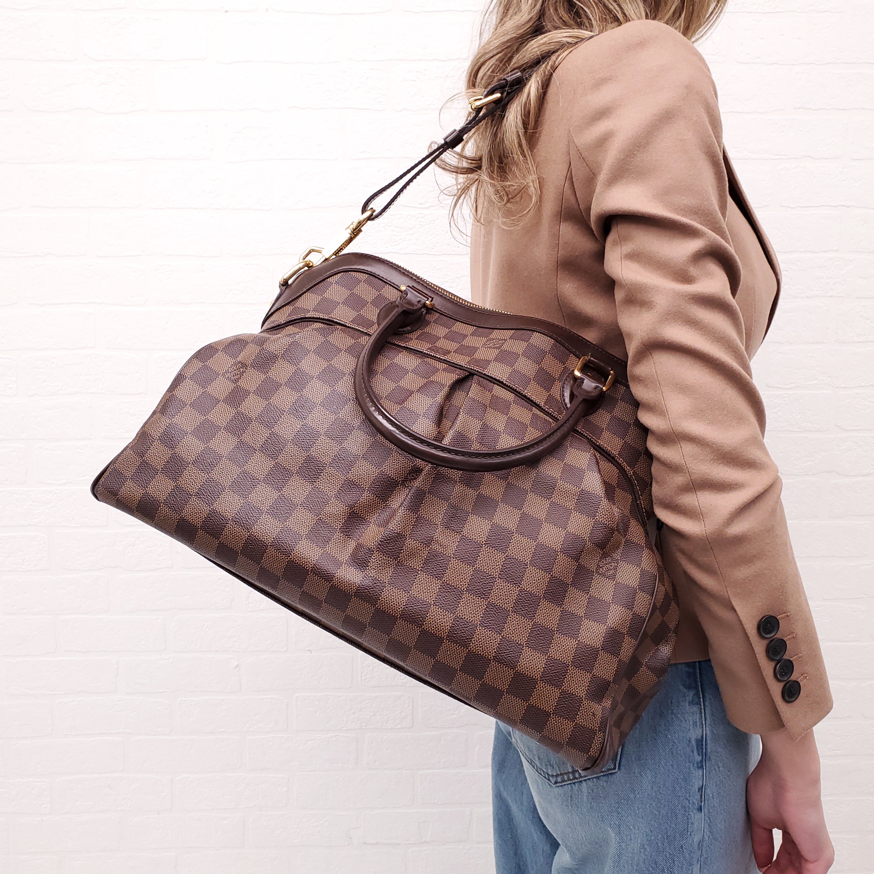 LOUIS VUITTON DAMIER EBENE TREVI PM BAG WITH BROWN LEATHER TRIM AND GOLD-TONE