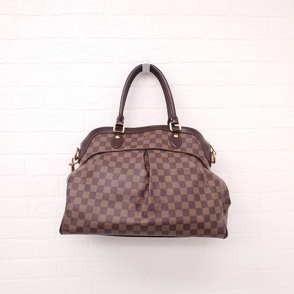 LOUIS VUITTON DAMIER EBENE TREVI PM BAG WITH BROWN LEATHER TRIM AND GOLD-TONE