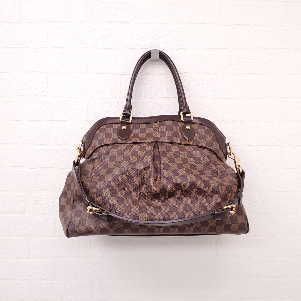 LOUIS VUITTON DAMIER EBENE TREVI PM BAG WITH BROWN LEATHER TRIM AND GOLD-TONE