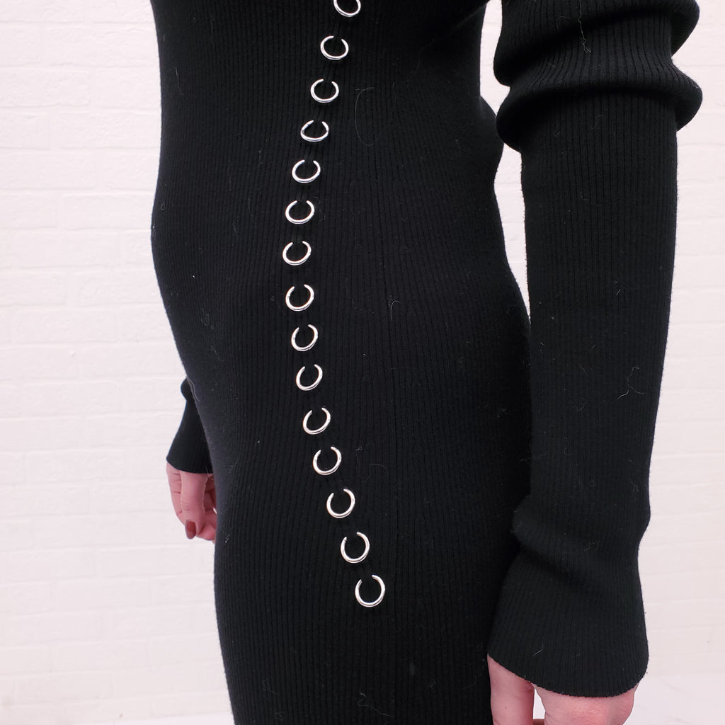 MUGLER BLACK RIBBED LONG SLEEVE DRESS WITH SILVER PIERCING DETAILS - SIZE XL