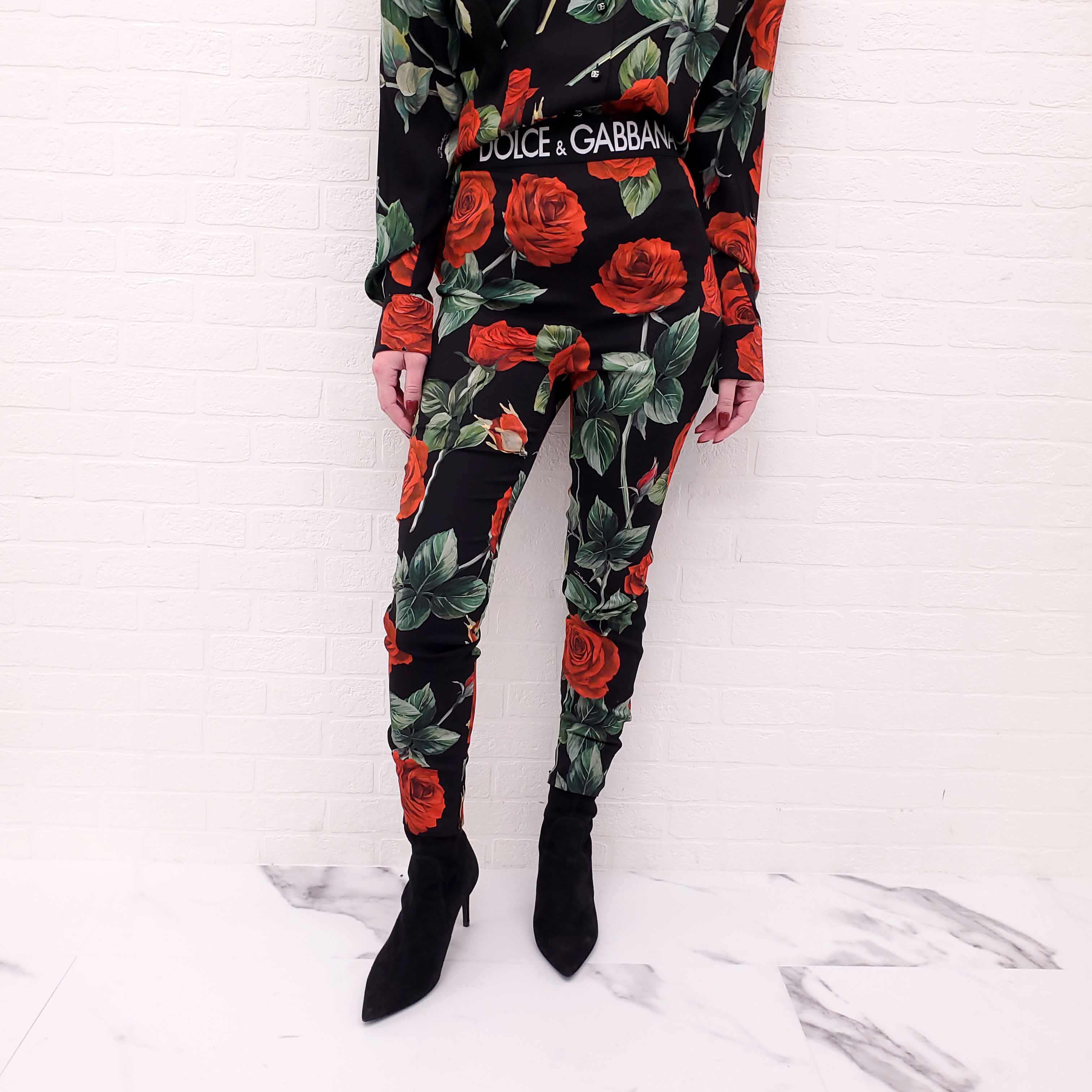 DOLCE & GABBANA ROSE PRINT SILK PANTS WITH ZIPPER DETAILS AND ELASTIC WAIST BAND - SIZE 42