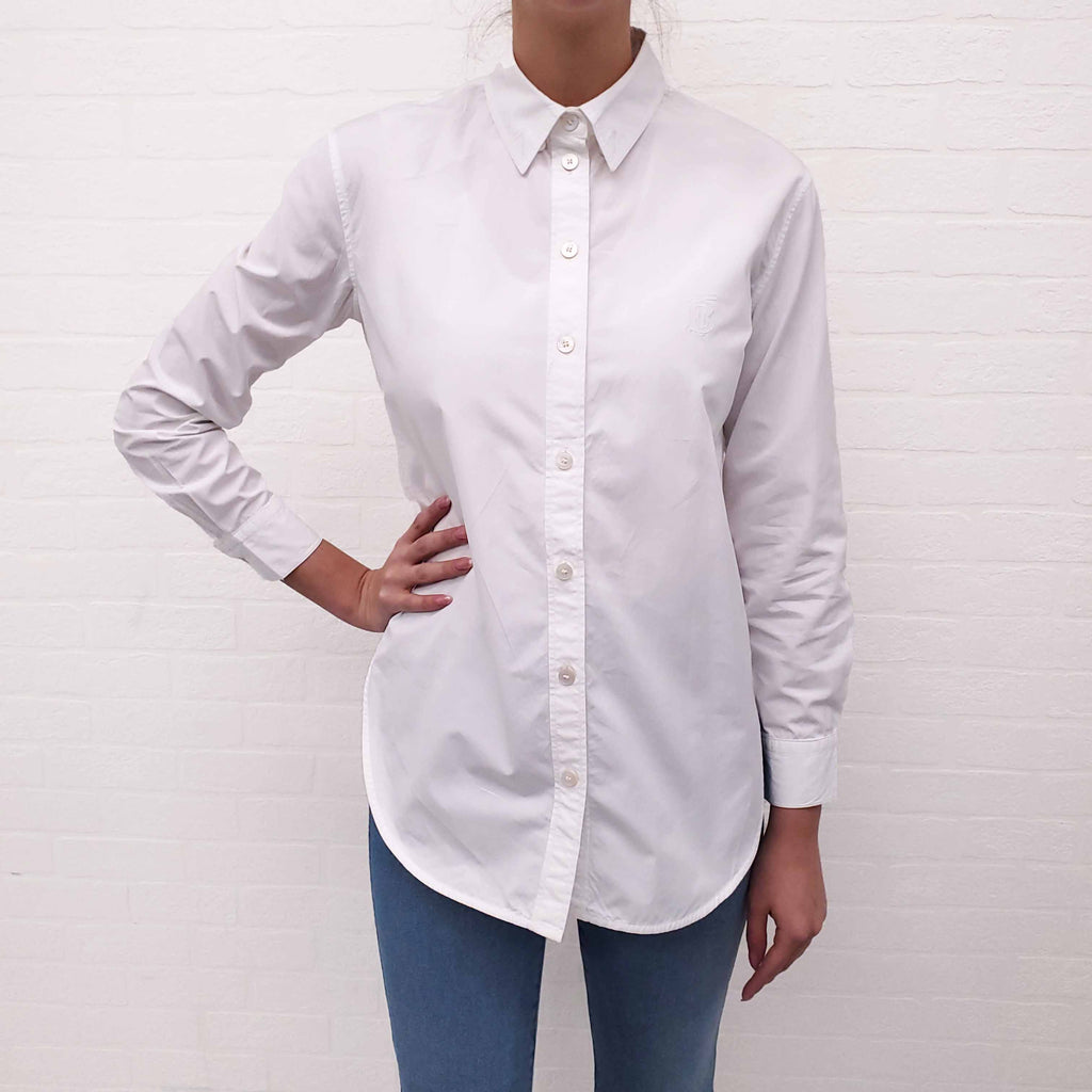 BURBERRY WHITE COTTON LOGO BLOUSE - SIZE 2
