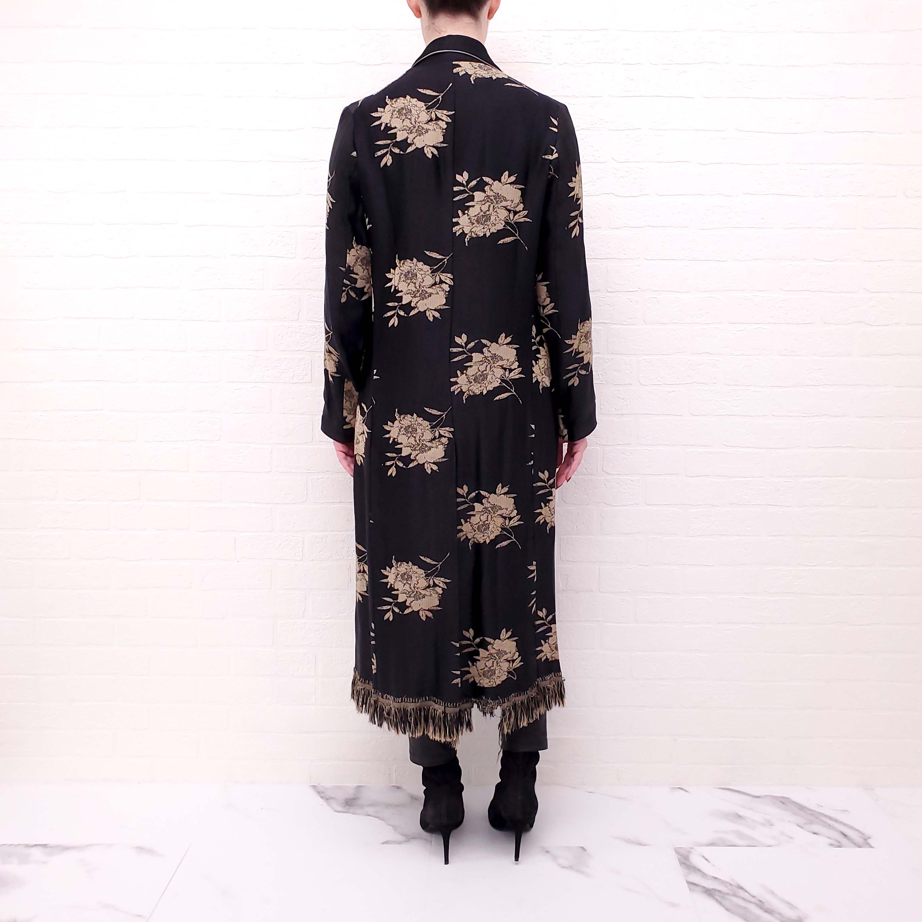 ETRO BLACK FLORAL PRINT TRENCH COAT WITH FRINGE DETAIL - SIZE M/L