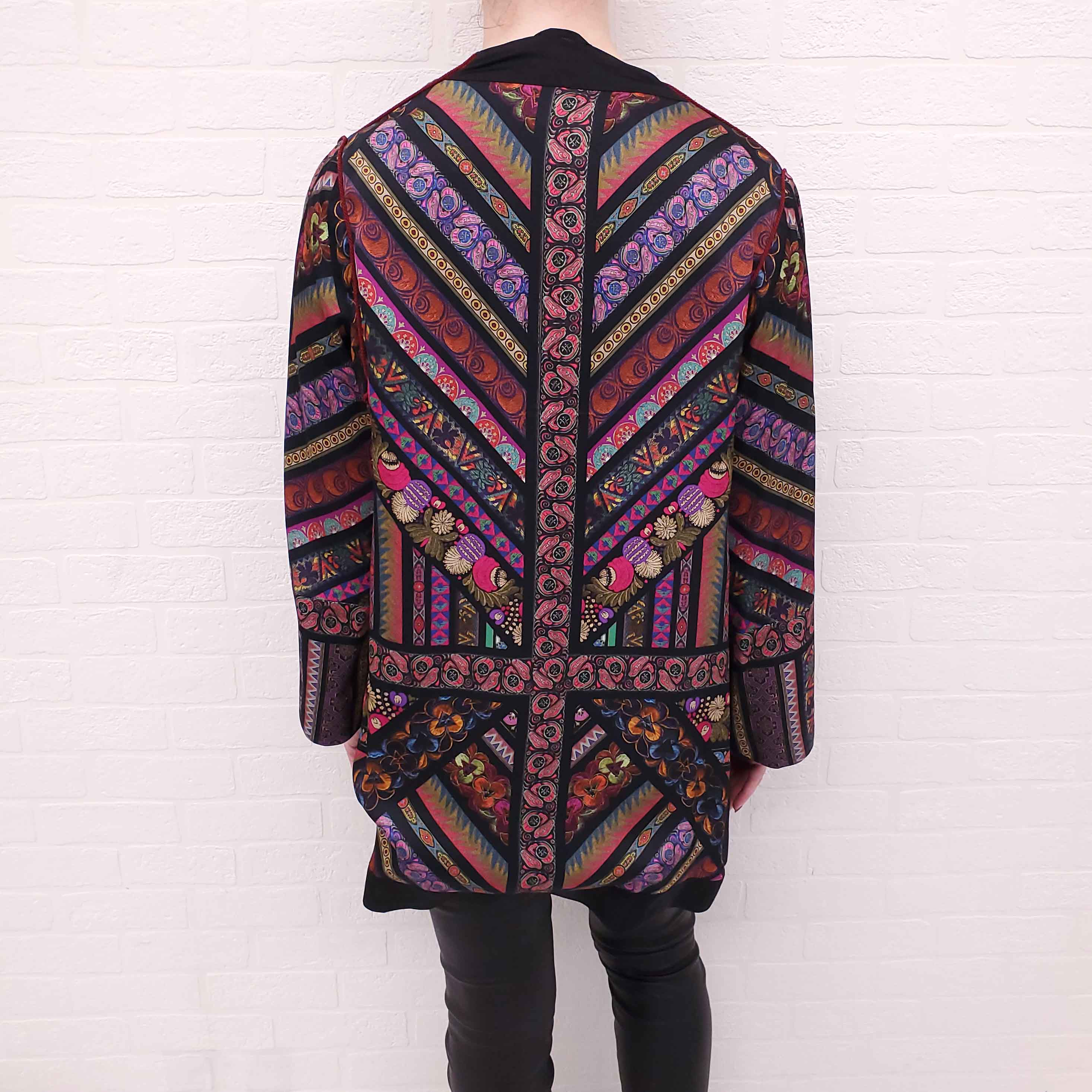 ETRO BLACK AND MULTICOLOURED KIMONO JACKET WITH RED ROPE PIPING - SIZE 6