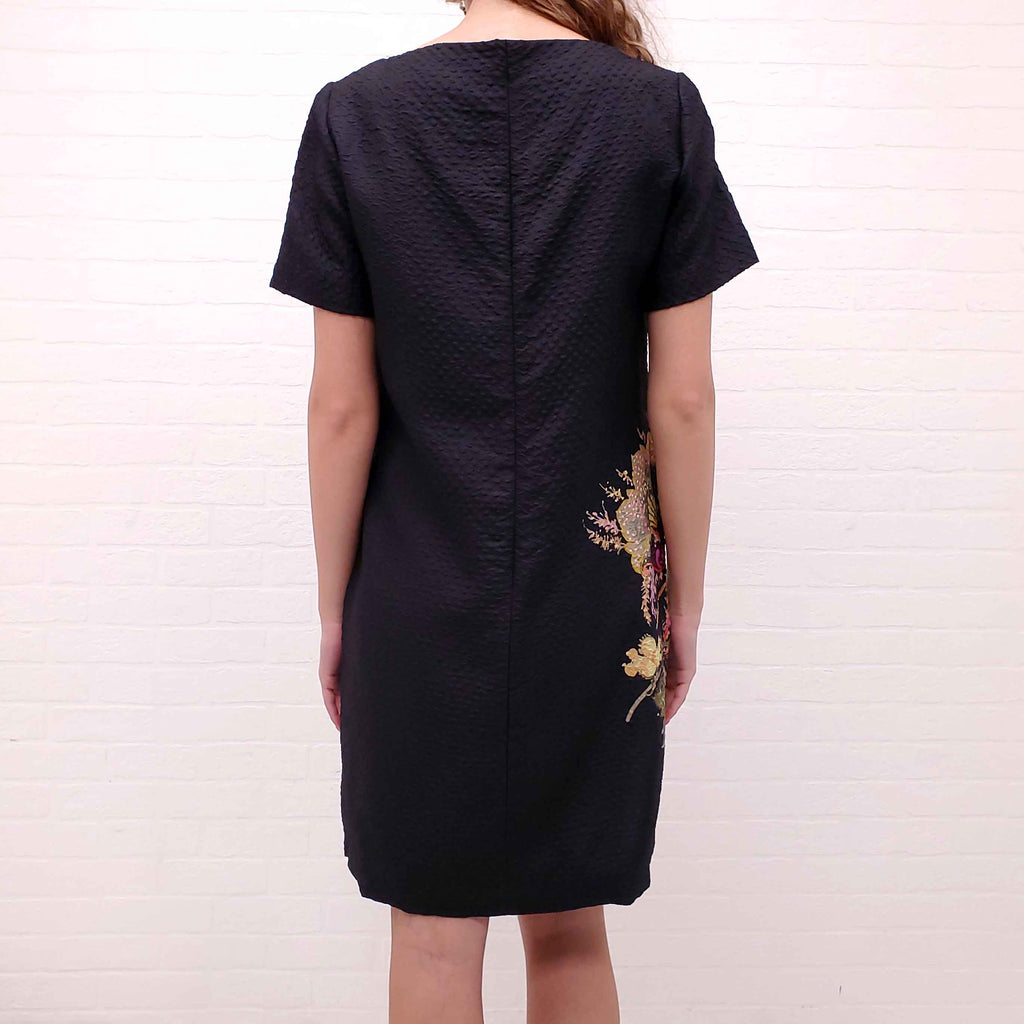 ETRO BLACK TEXTURED DRESS WITH FLORAL DETAIL - SIZE 42