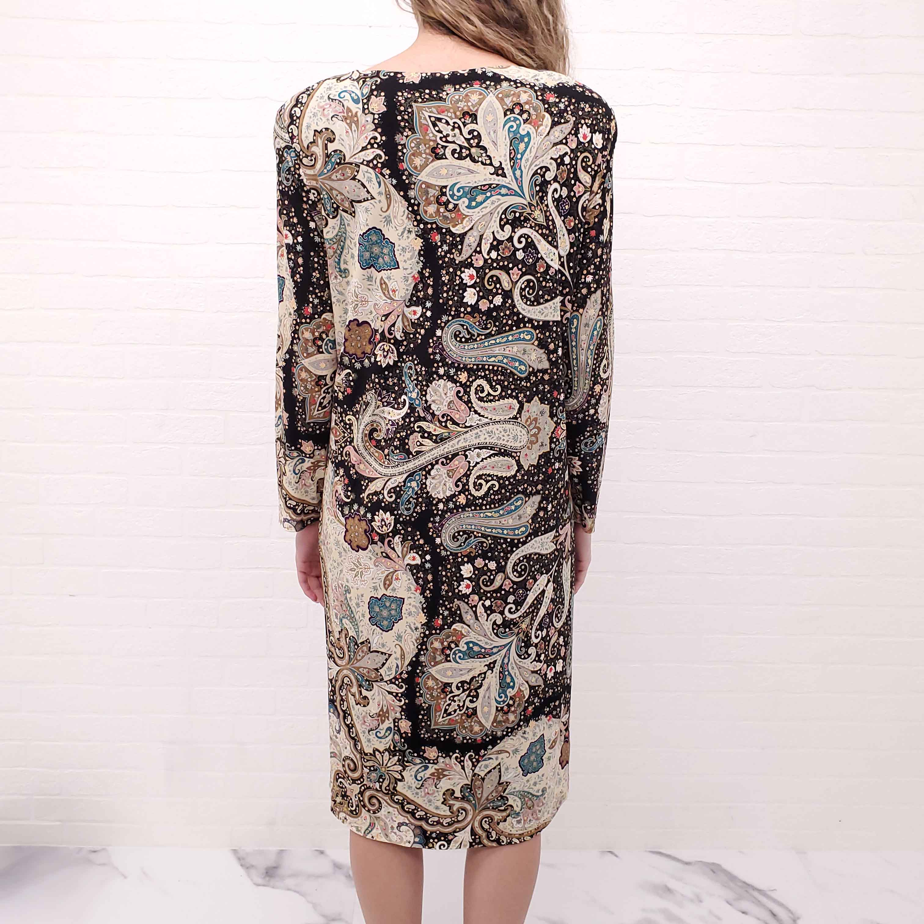 ETRO BLACK AND KHAKI PAISLEY PRINT SHIFT DRESS WITH SHOULDER PADS - SIZE 48