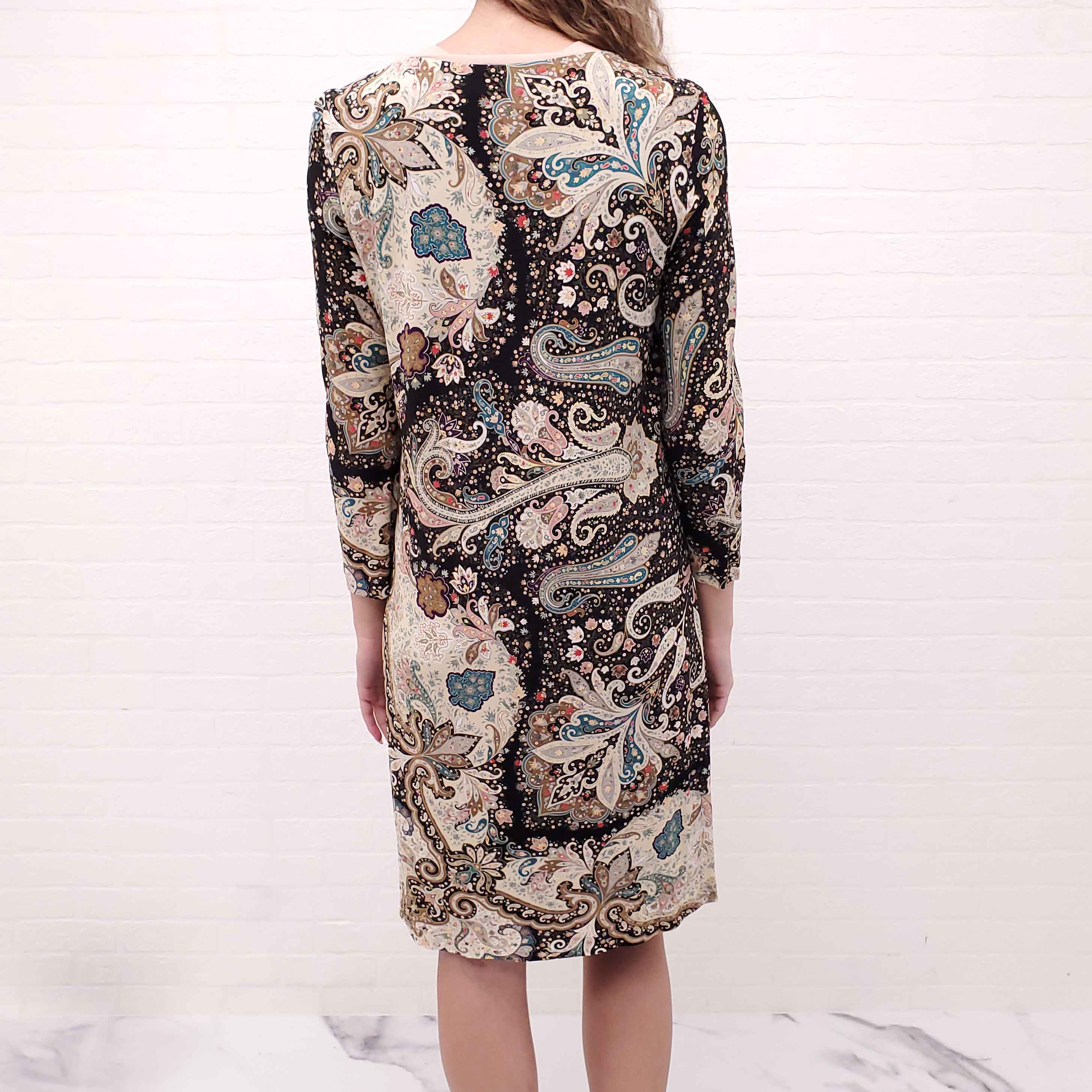 ETRO BLACK AND KHAKI PAISLEY PRINT SHIFT DRESS WITH NUDE NECKLINE - SIZE M