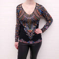 ETRO BLACK AND MULTICOLOURED PATTERNED SILK AND CASHMERE V-NECK TOP - SIZE 42