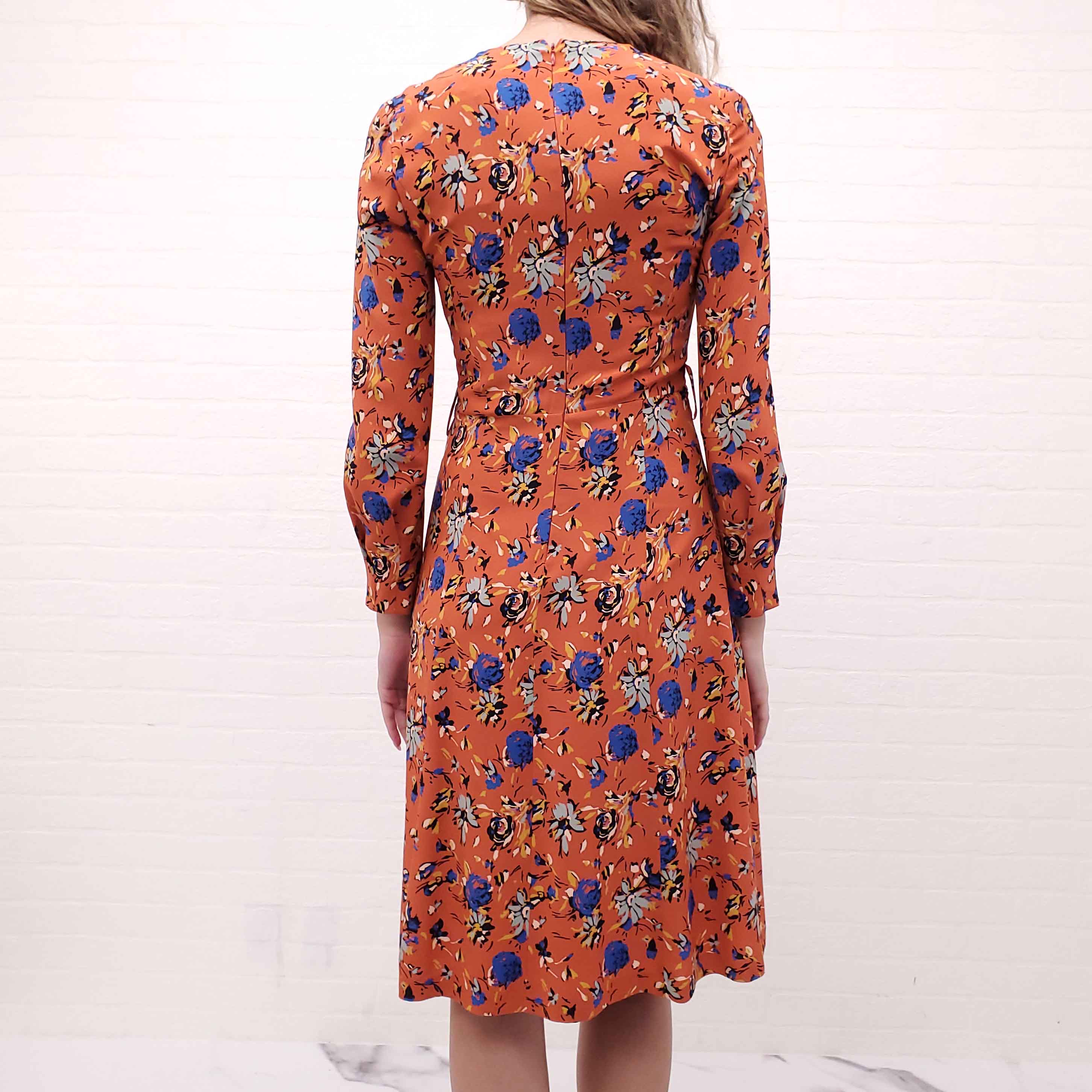 ETRO ORANGE AND BLUE FLORAL PATTERNED LONG SLEEVE MIDI DRESS - SIZE 42