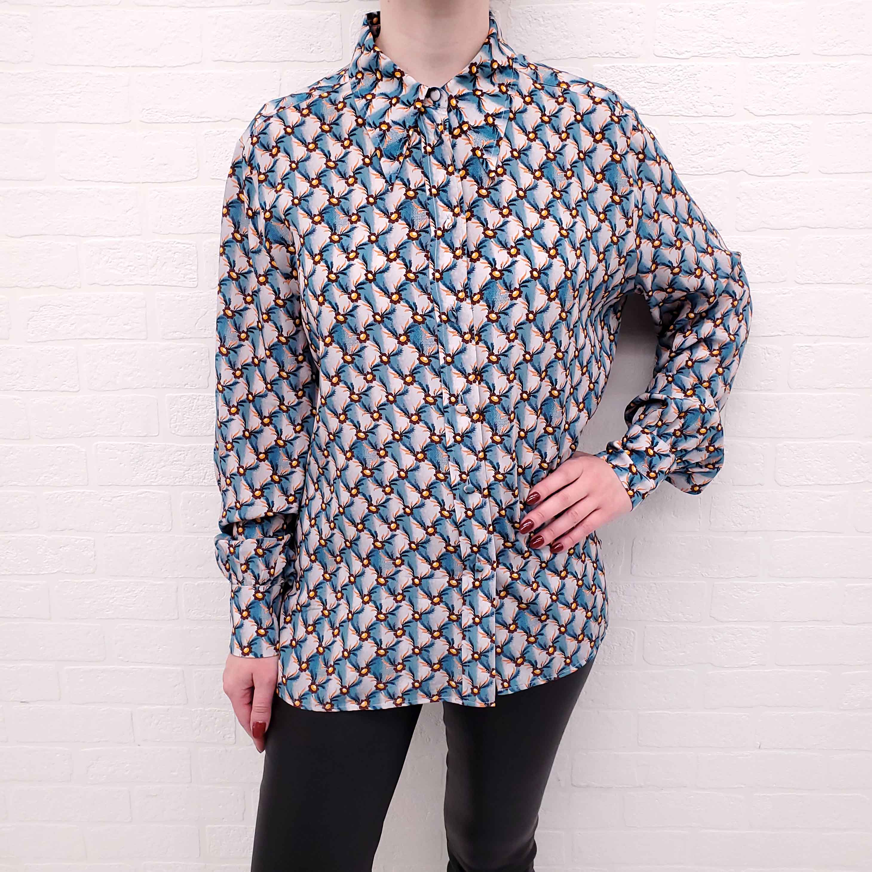 ETRO BLUE AND ORANGE PATTERNED BUTTON UP BLOUSE - SIZE 46