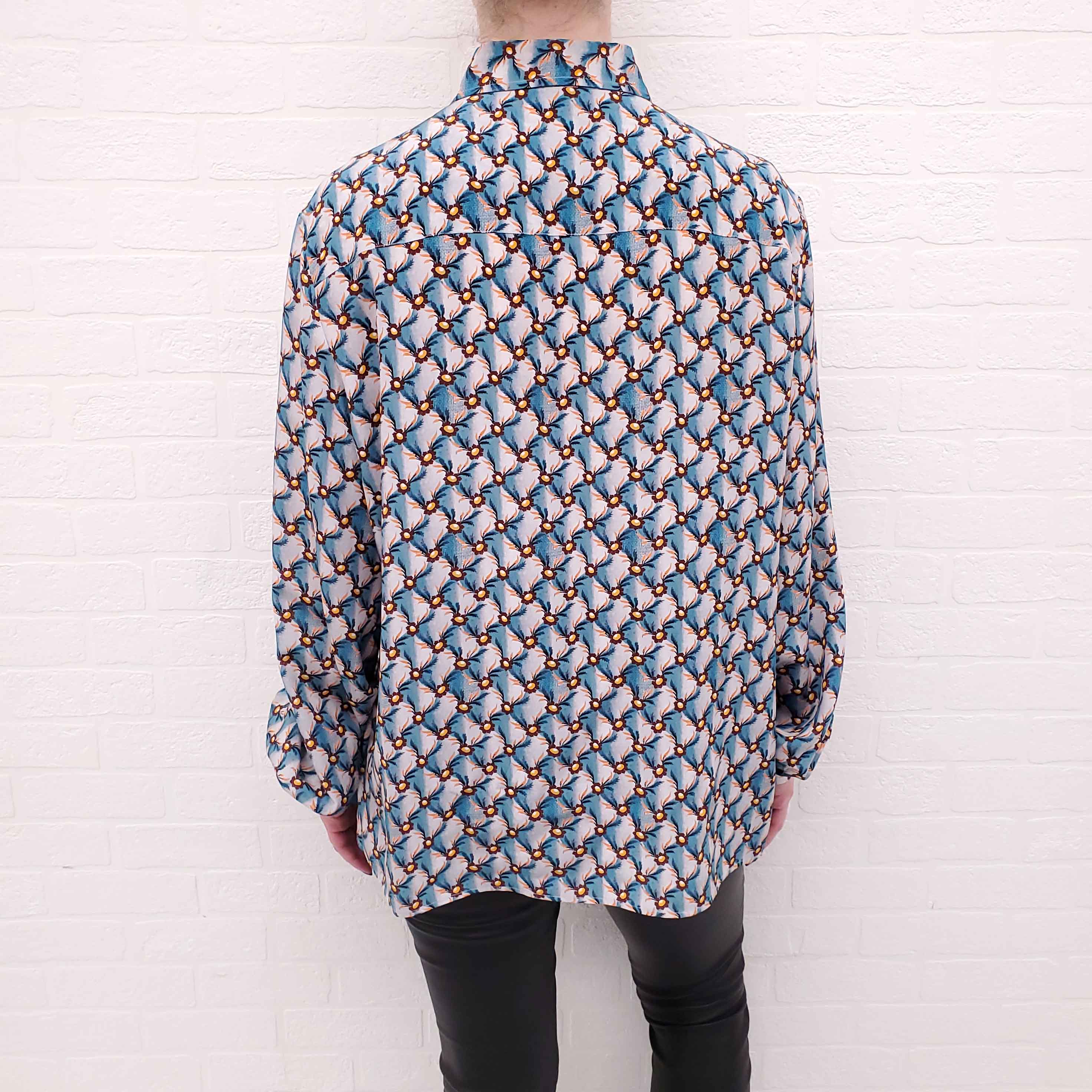 ETRO BLUE AND ORANGE PATTERNED BUTTON UP BLOUSE - SIZE 46