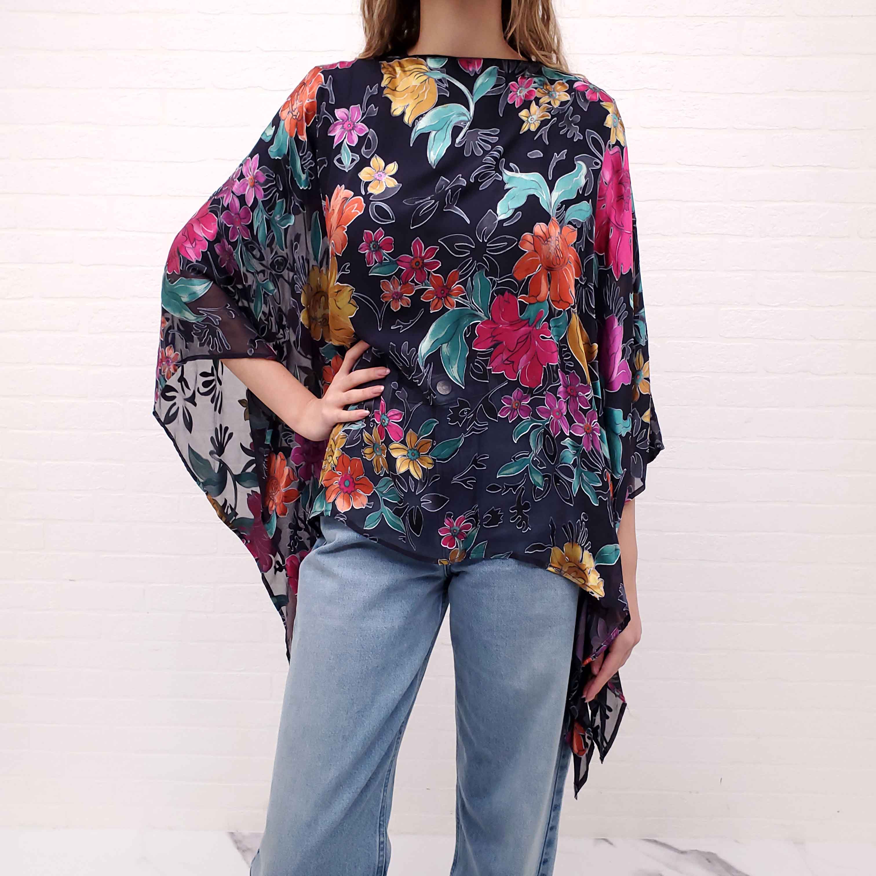 ETRO SHEER BLACK FLORAL PONCHO STYLE BLOUSE - SIZE O/S