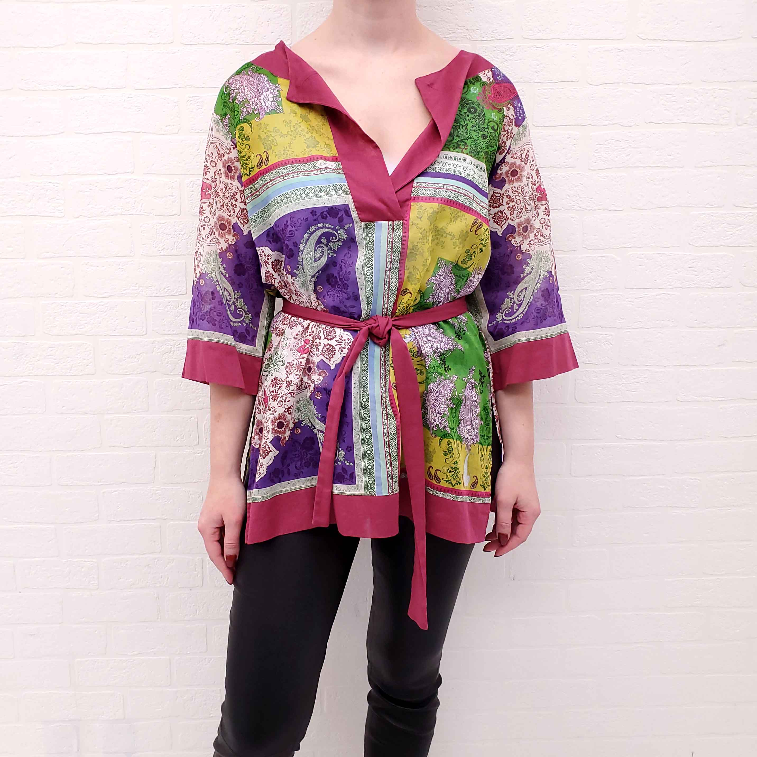 ETRO MAGENTA AND MULTICOLOURED BLOUSE WITH TIE DETAIL - SIZE S/M