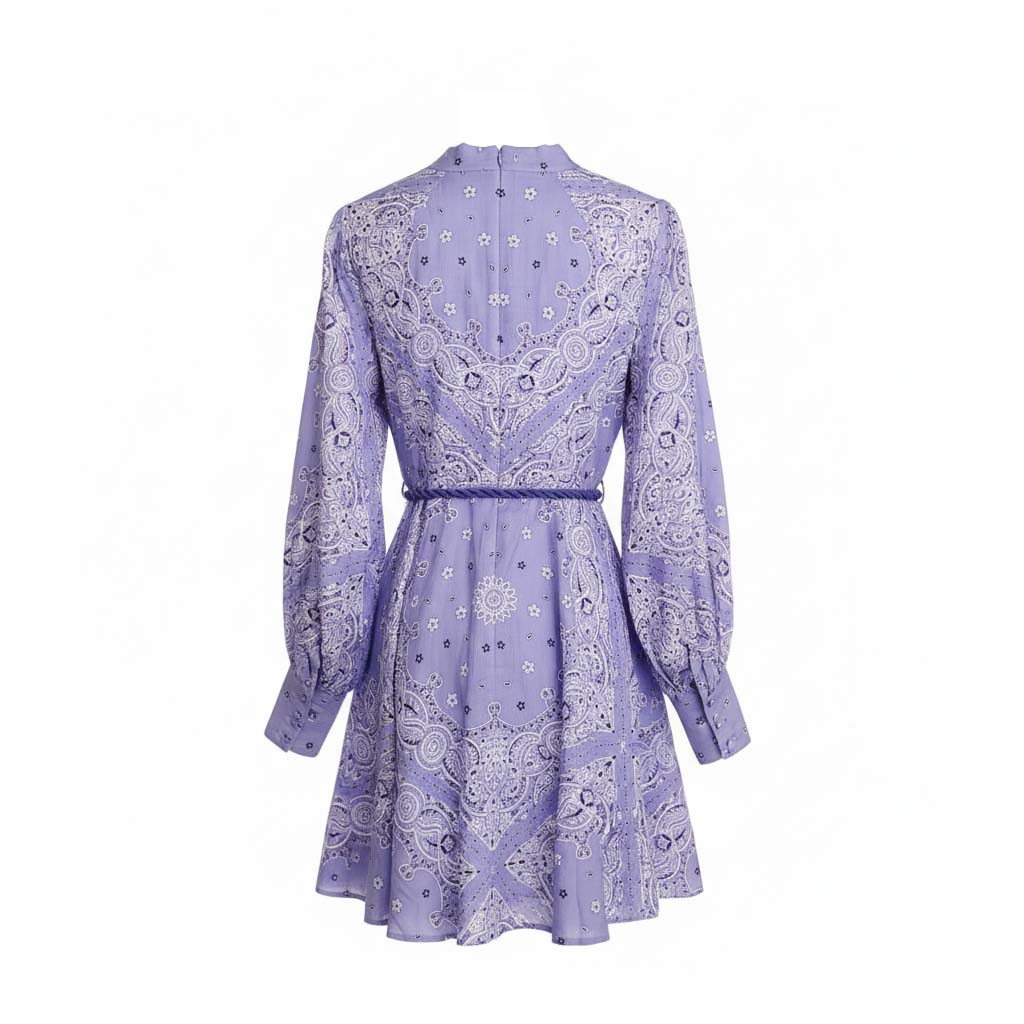 ZIMMERMANN LAVENDER BANDANA PRINT DRESS WITH SEASHELL TIE DETAIL - SIZE 2 (US 8)