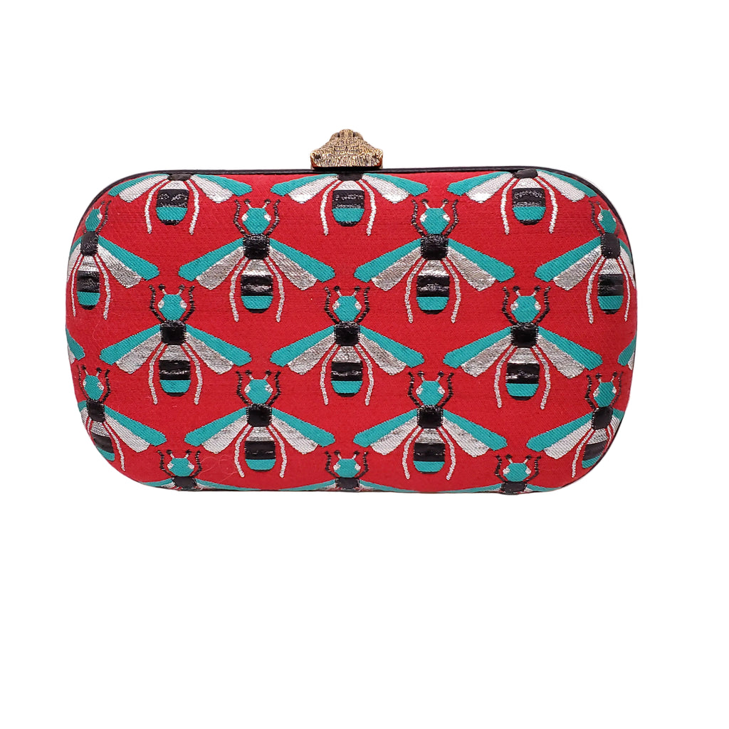 GUCCI EMBROIDERED BEE CLUTCH WITH SEQUIN DETAILS