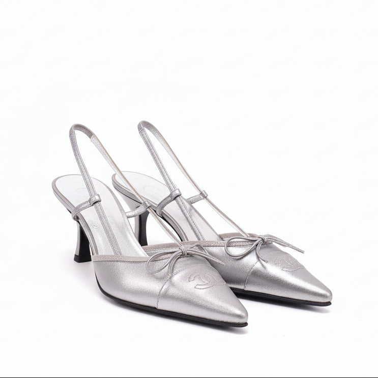 CHANEL SILVER SLINGBACKS WITH LOGO - SIZE 35.5