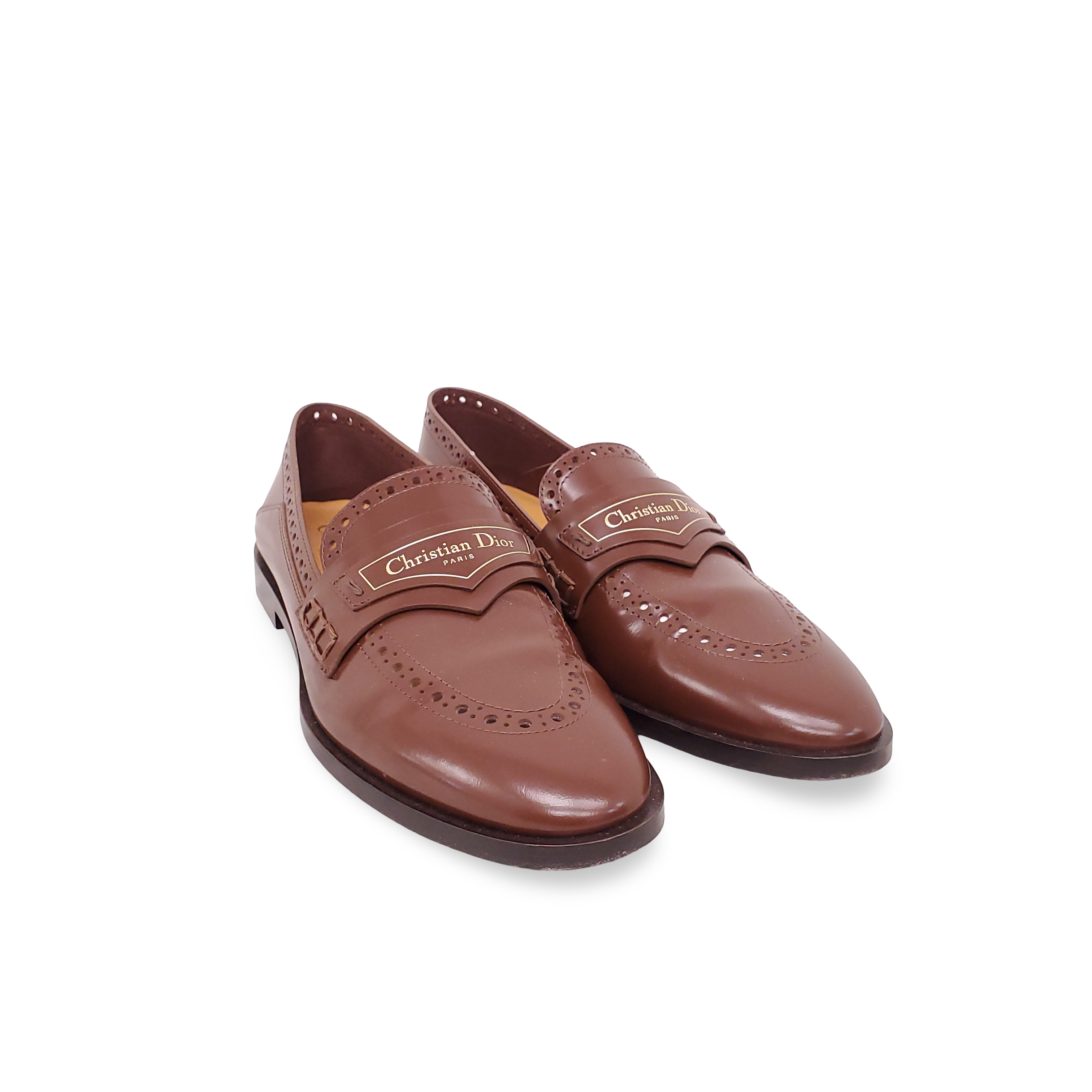 CHRISTIAN DIOR BROWN LOAFERS WITH LOGO AND EYELET DETAILS - SIZE 35