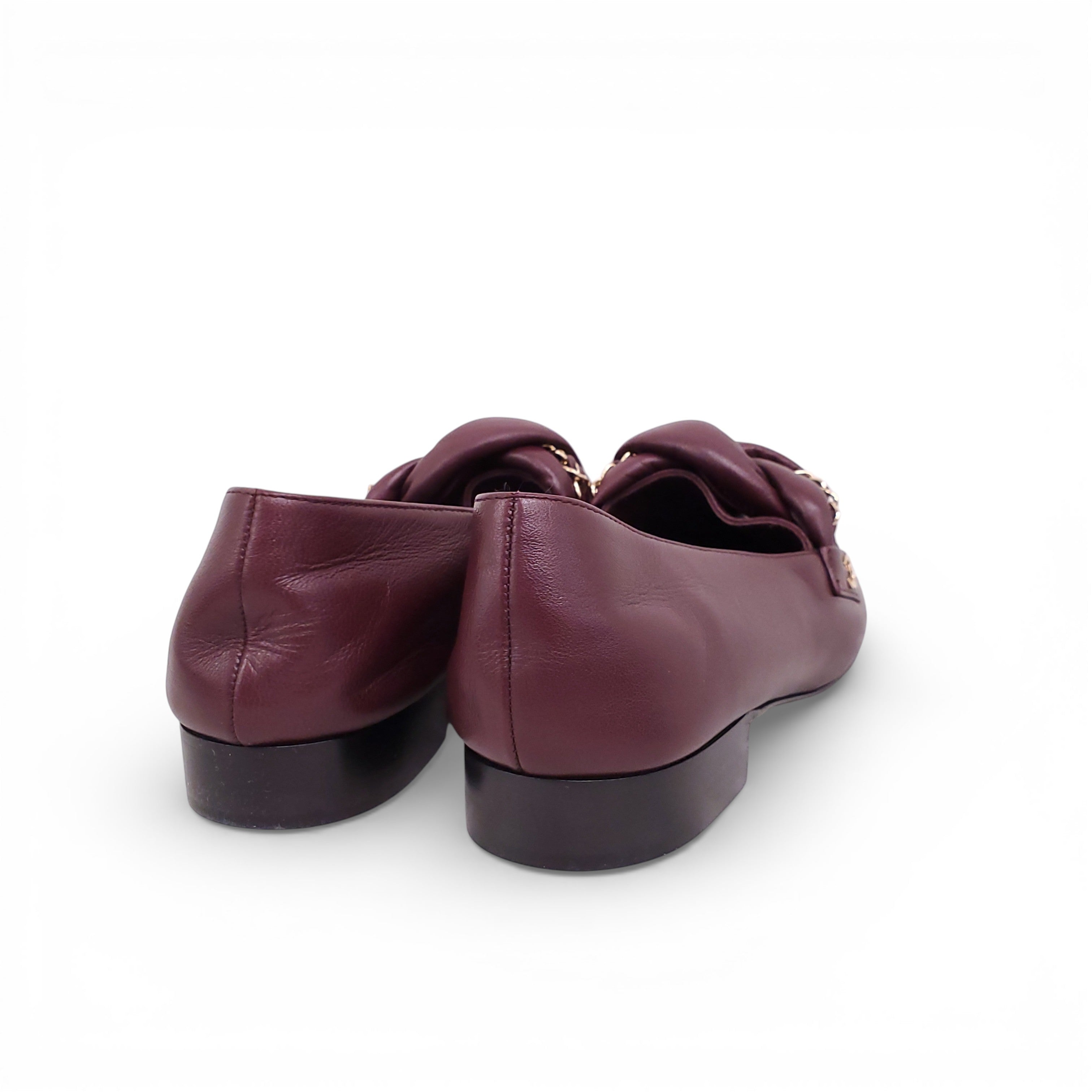 CHANEL BURGUNDY LOAFERS WITH CHAIN DETAIL - SIZE 38.5C