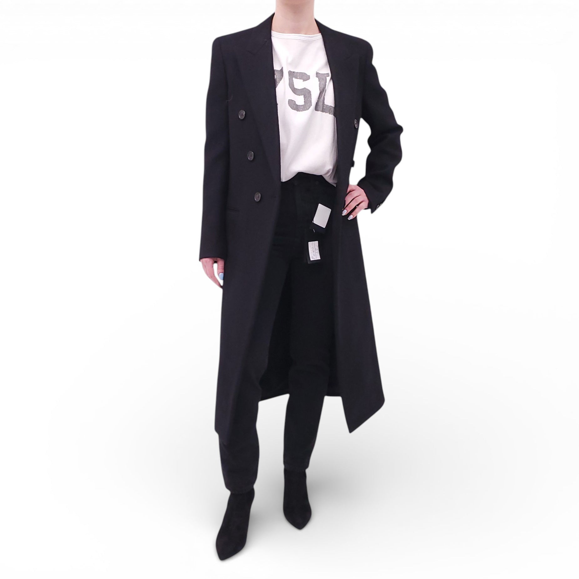 SAINT LAURENT BLACK LONG PEACOAT - SIZE 46