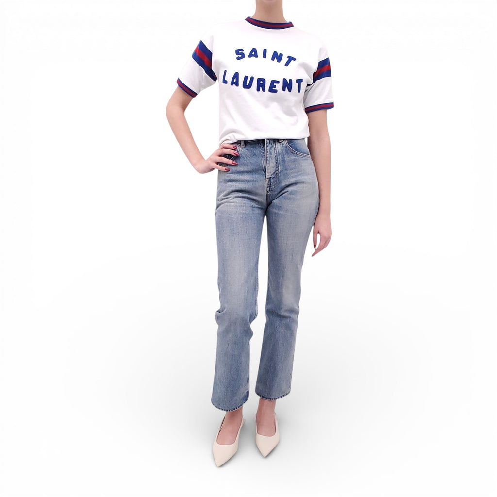 SAINT LAURENT WHITE LOGO COLLEGE T-SHIRT WITH STRIPE DETAIL - SIZE XS