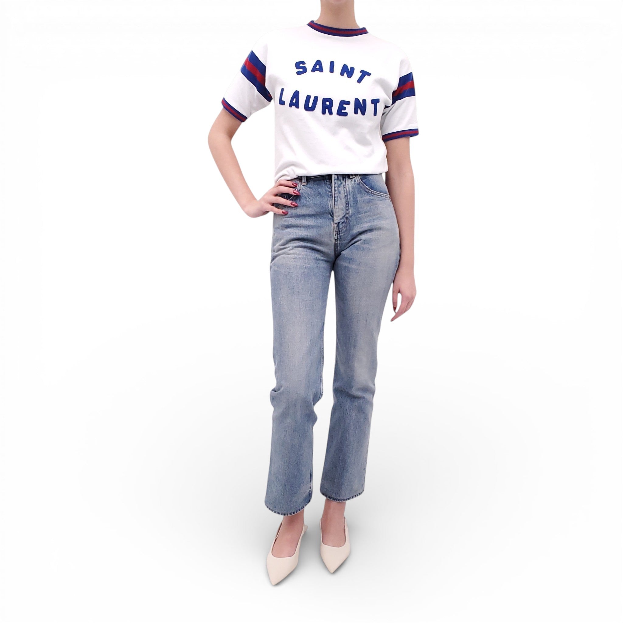 SAINT LAURENT WHITE LOGO COLLEGE T-SHIRT WITH STRIPE DETAIL - SIZE XS