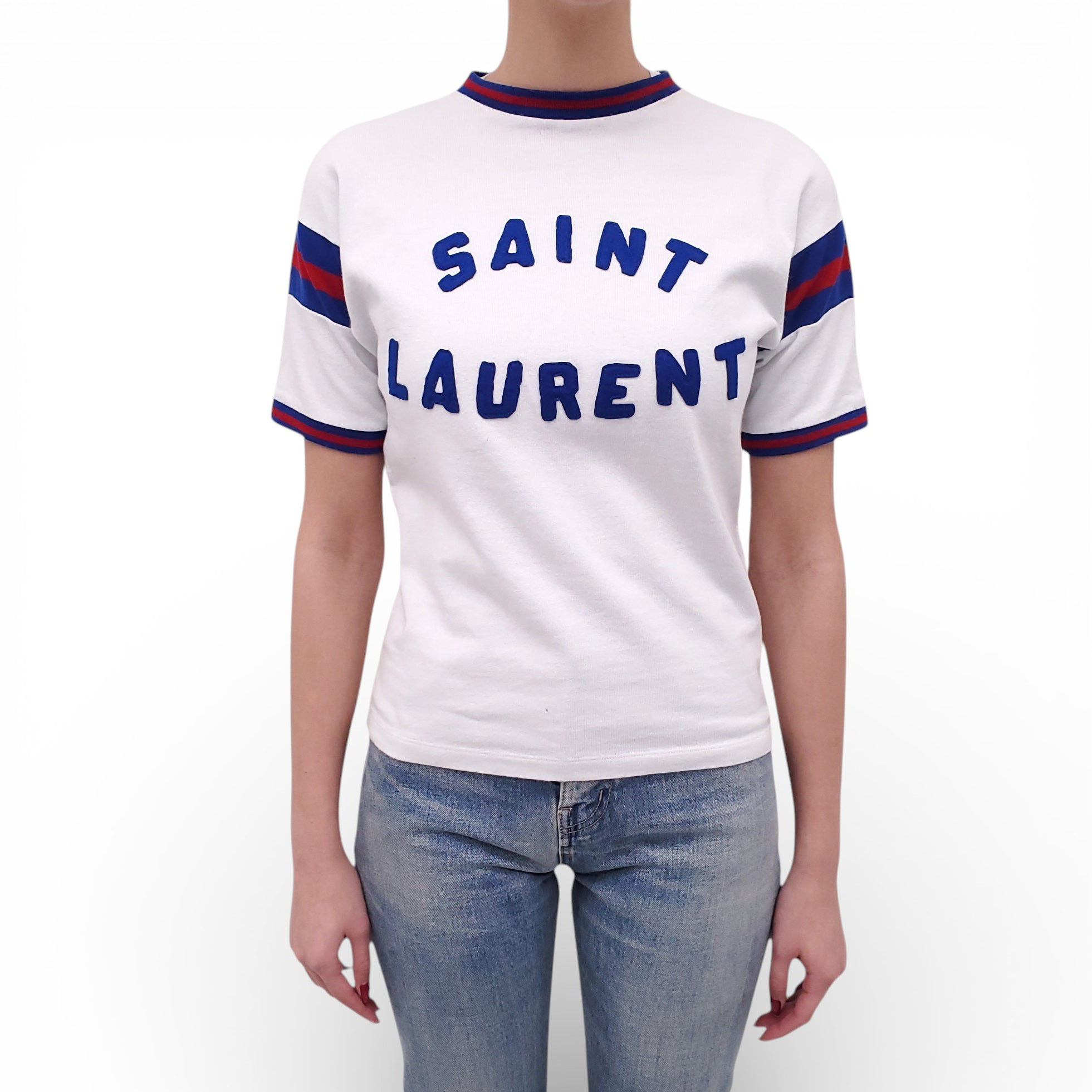 SAINT LAURENT WHITE LOGO COLLEGE T-SHIRT WITH STRIPE DETAIL - SIZE XS