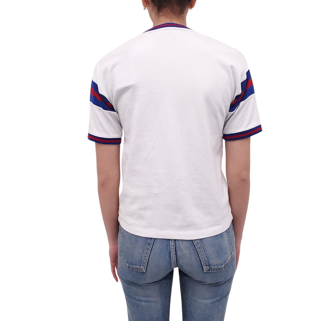 SAINT LAURENT WHITE LOGO COLLEGE T-SHIRT WITH STRIPE DETAIL - SIZE XS