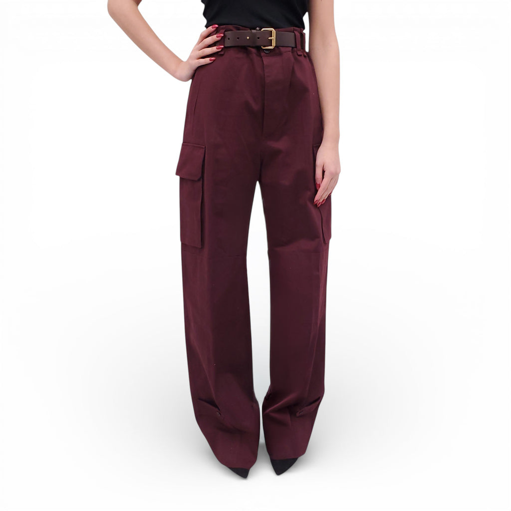 SAINT LAURENT BURGUNDY CARGO PANTS WITH LEATHER BELT - SIZE 38