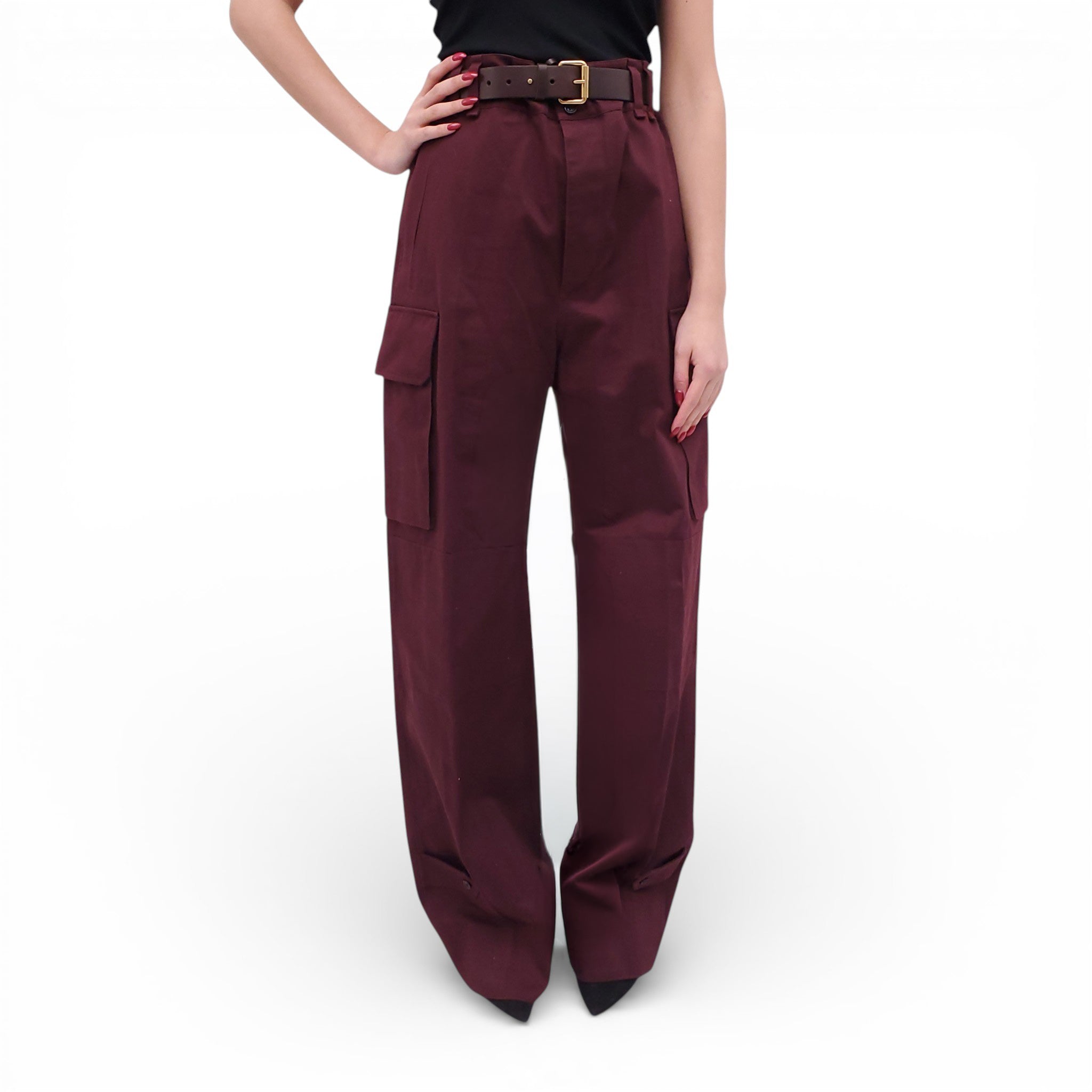 SAINT LAURENT BURGUNDY CARGO PANTS WITH LEATHER BELT - SIZE 38