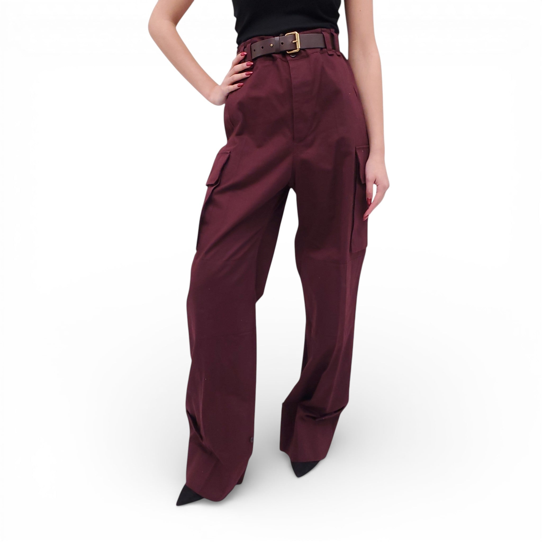 SAINT LAURENT BURGUNDY CARGO PANTS WITH LEATHER BELT - SIZE 38