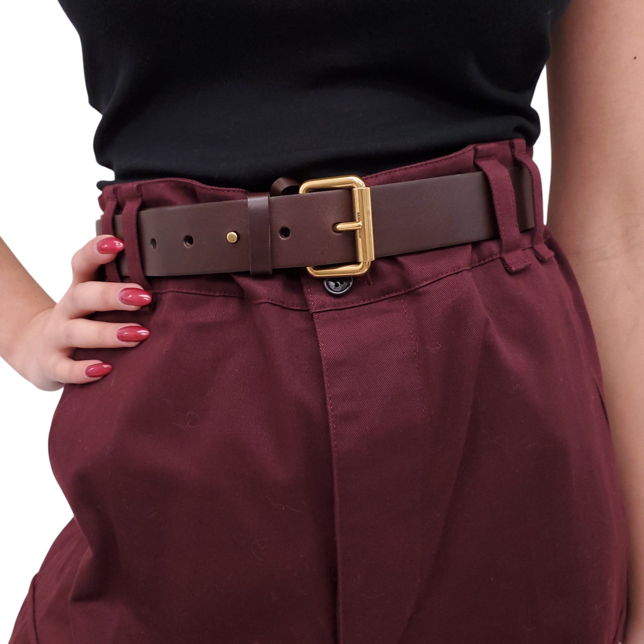 SAINT LAURENT BURGUNDY CARGO PANTS WITH LEATHER BELT - SIZE 38