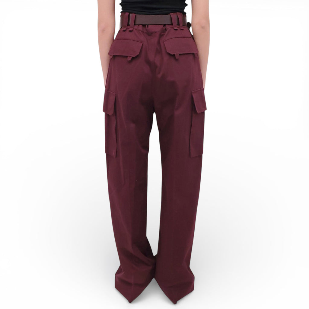 SAINT LAURENT BURGUNDY CARGO PANTS WITH LEATHER BELT - SIZE 38