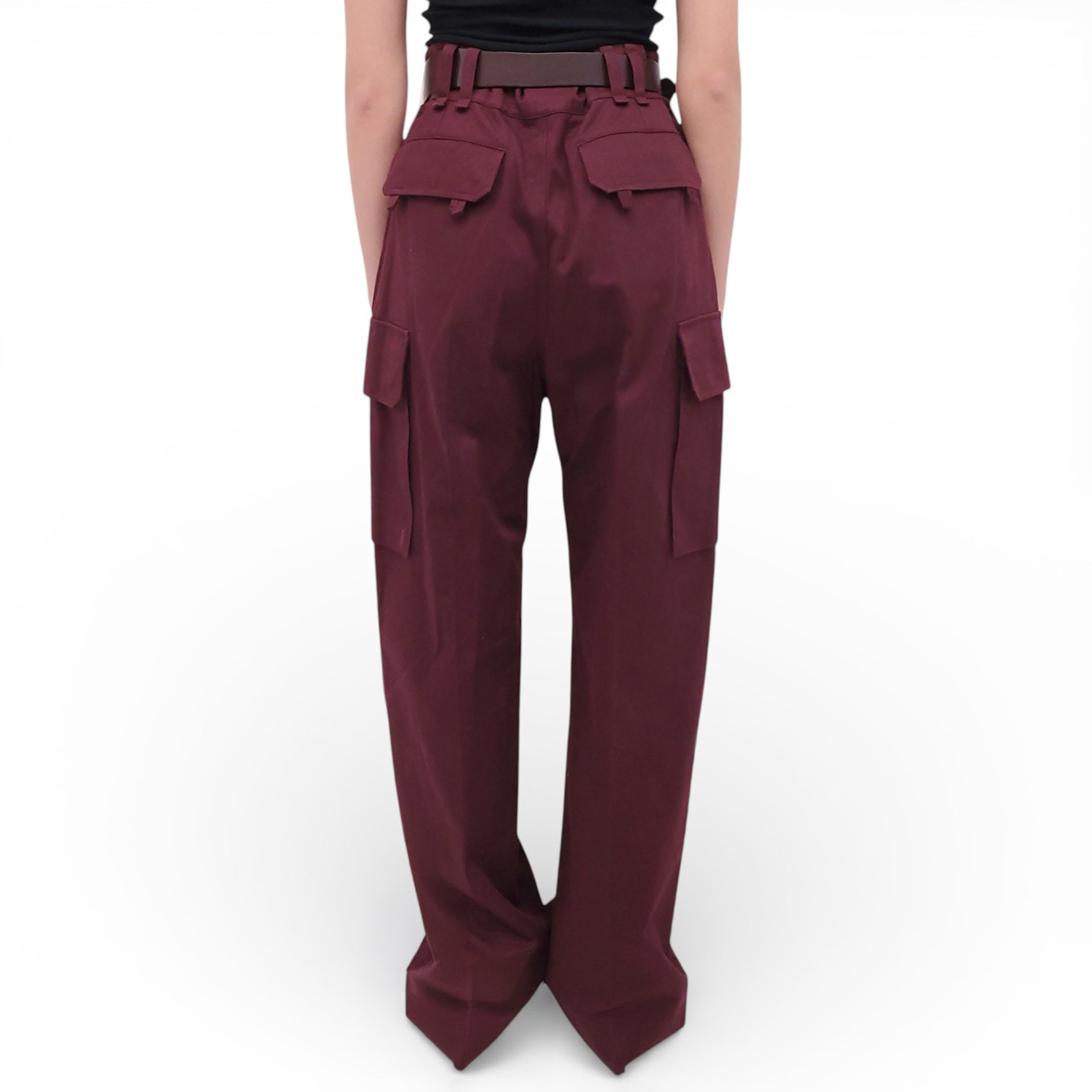 SAINT LAURENT BURGUNDY CARGO PANTS WITH LEATHER BELT - SIZE 38