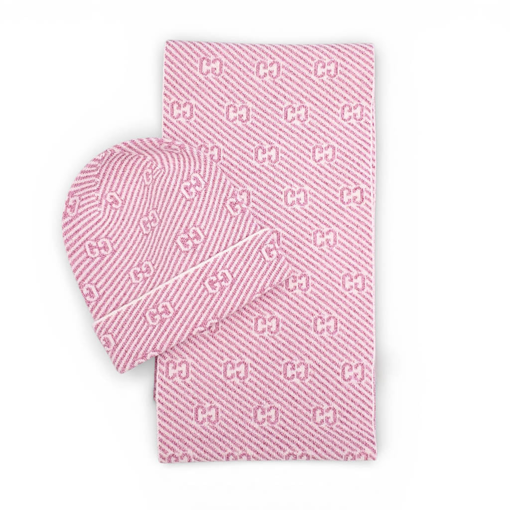GUCCI PINK METALLIC STRIPE LOGO HAT AND SCARF - SIZE M