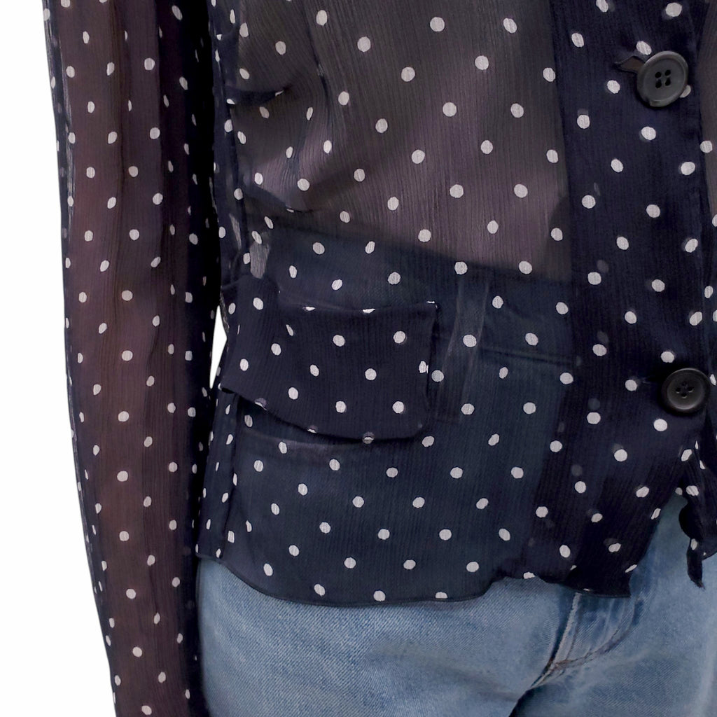 MIU MIU NAVY AND WHITE POLKA DOT SHEER LOGO BLOUSE - SIZE M