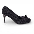 CHANEL BLACK FABRIC CAMÉLIA LOGO HEELS - SIZE 38.5