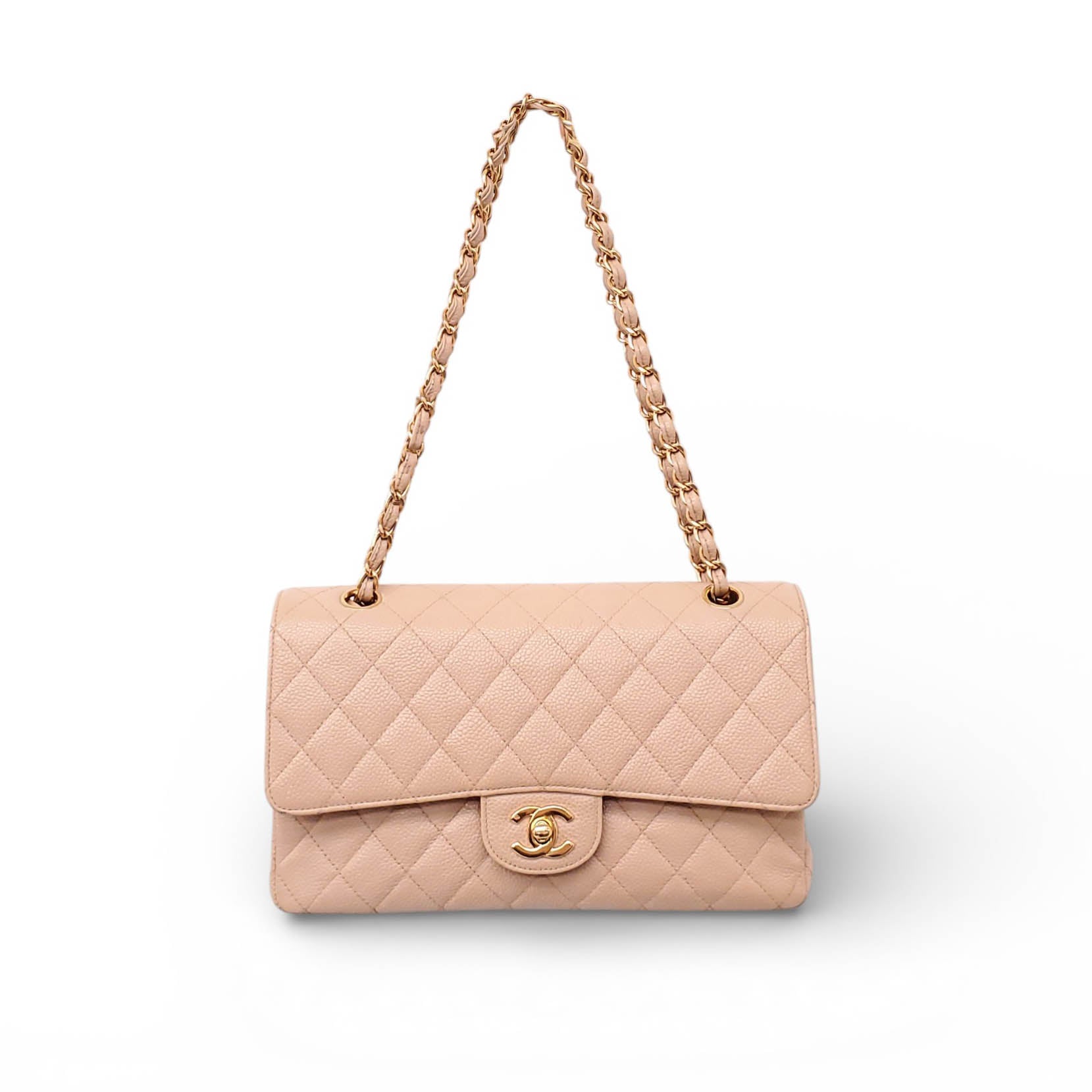 CHANEL VINTAGE CLASSIC BEIGE QUILTED CAVIAR MEDIUM DOUBLE FLAP BAG