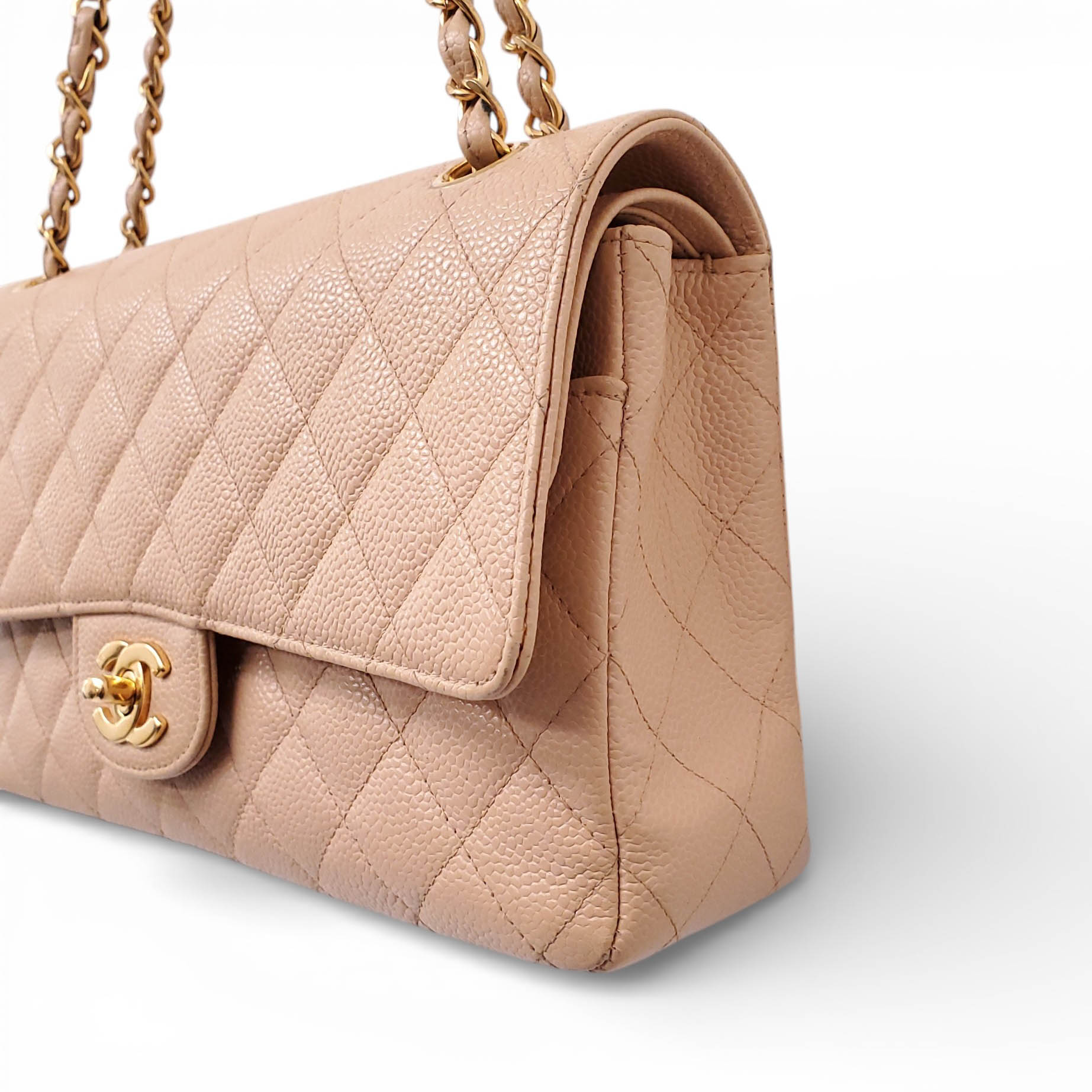 CHANEL VINTAGE CLASSIC BEIGE QUILTED CAVIAR MEDIUM DOUBLE FLAP BAG