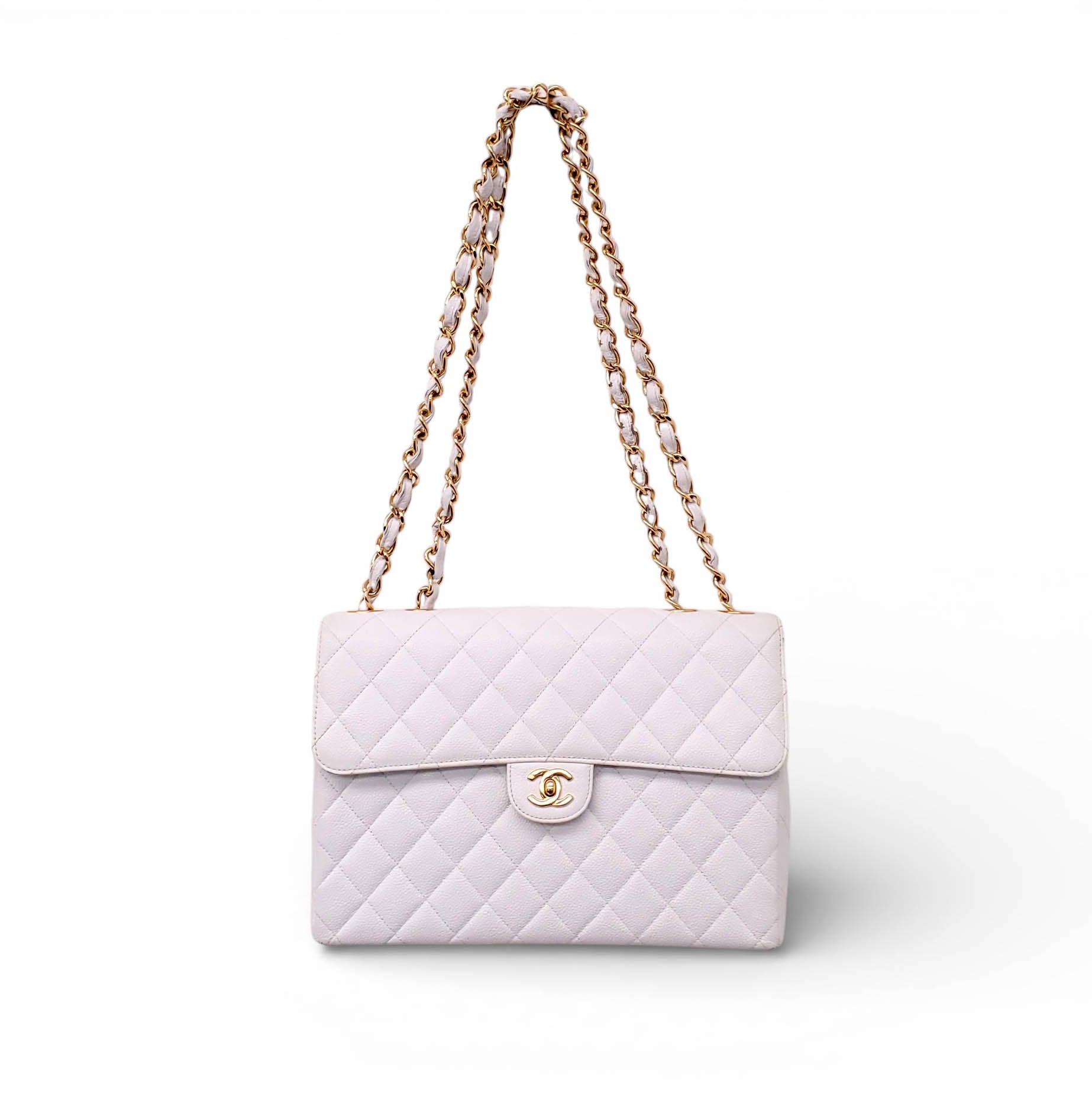 CHANEL VINTAGE CLASSIC WHITE QUILTED CAVIAR JUMBO SINGLE FLAP BAG