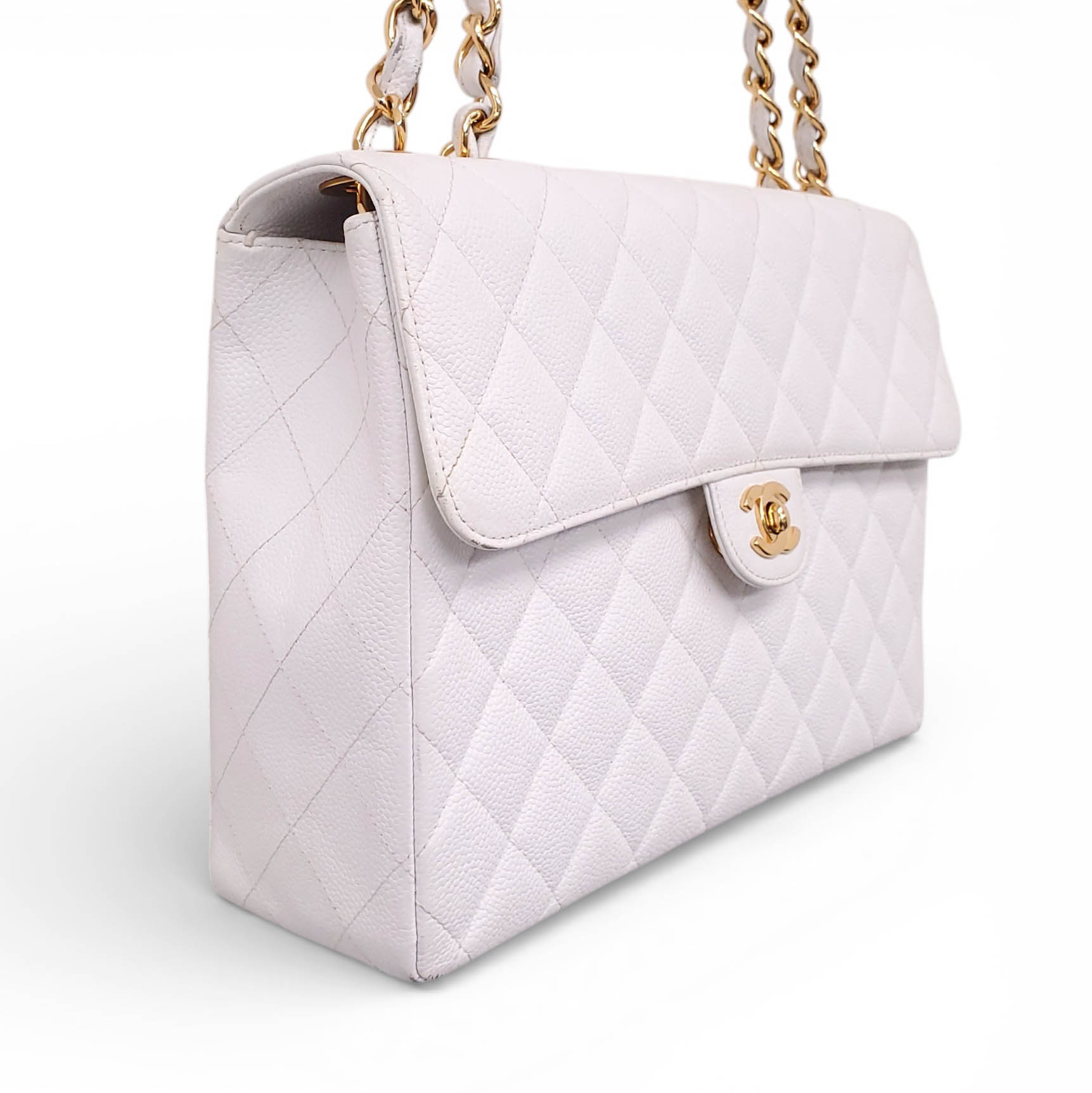 CHANEL VINTAGE CLASSIC WHITE QUILTED CAVIAR JUMBO SINGLE FLAP BAG