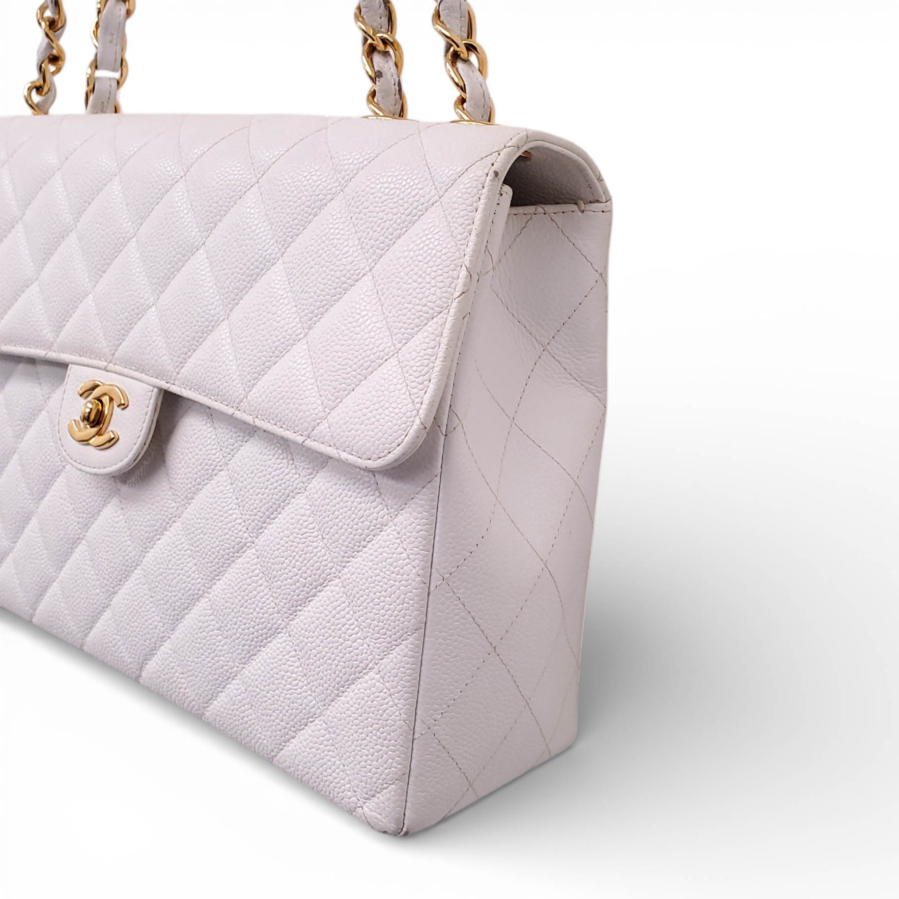CHANEL VINTAGE CLASSIC WHITE QUILTED CAVIAR JUMBO SINGLE FLAP BAG