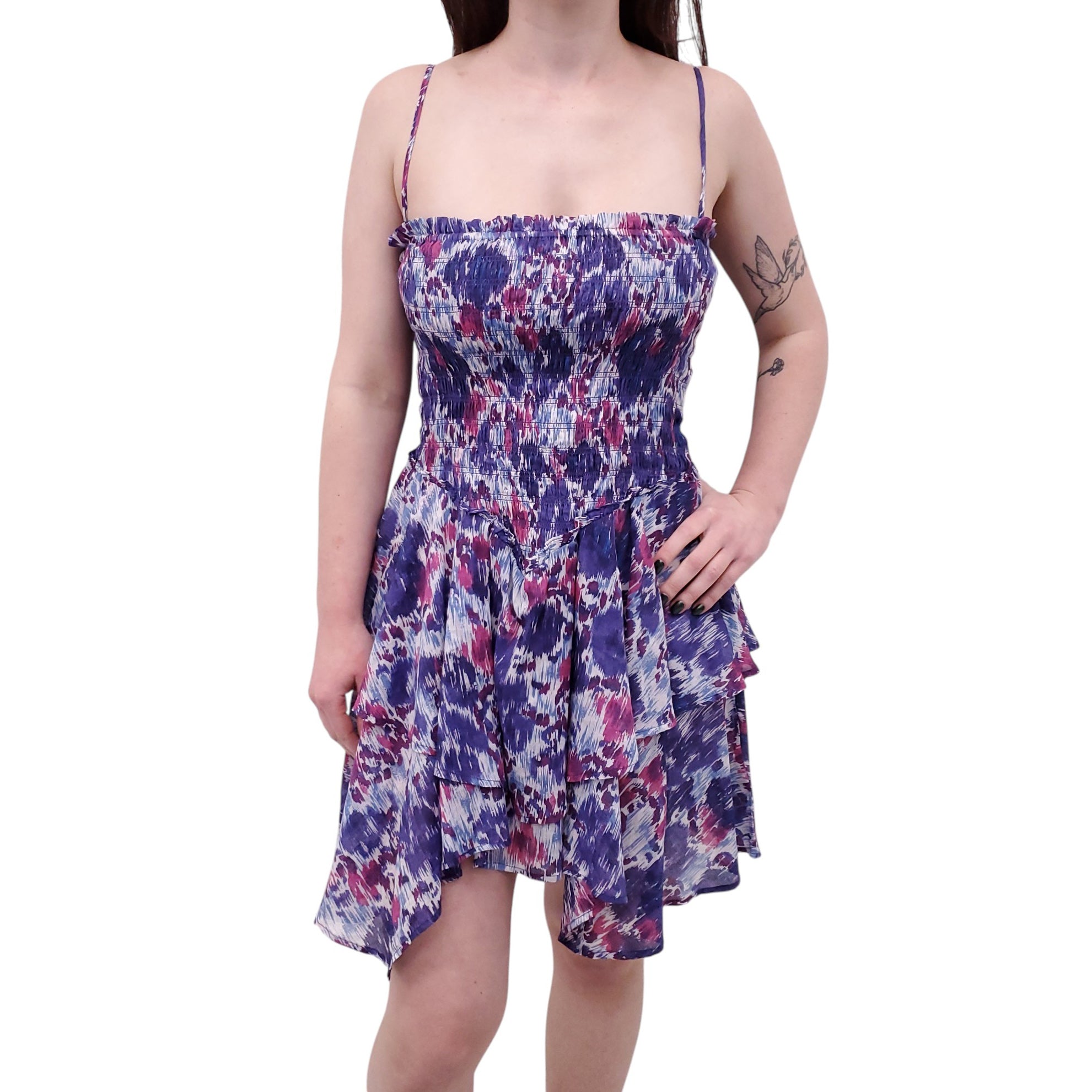 ISABEL MARANT ÉTOILE PURPLE, PINK AND BLUE PATTERNED COTTON MINI DRESS - SIZE 40