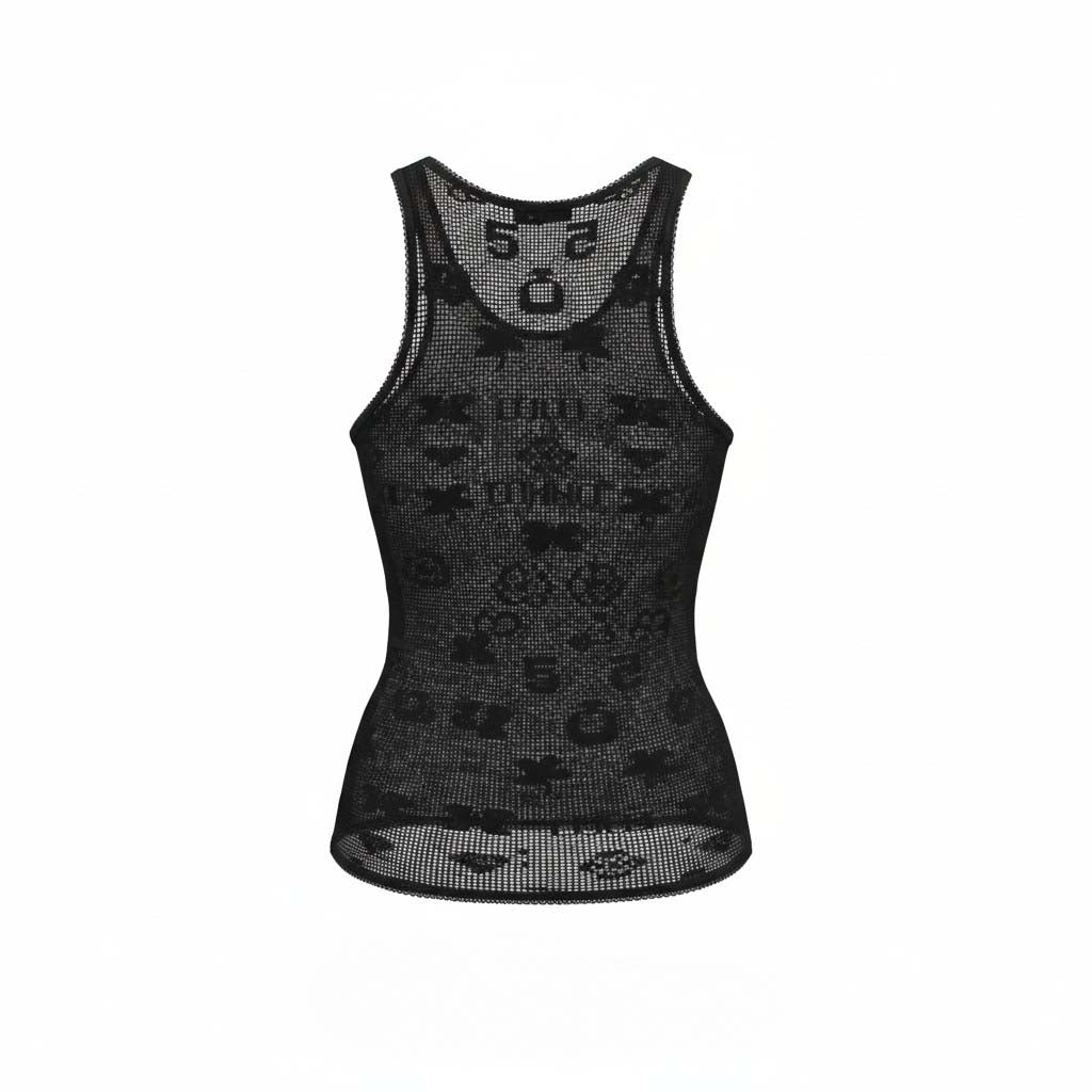 CHANEL BLACK MESH TANK TOP WITH #5 LOGO - SIZE 36