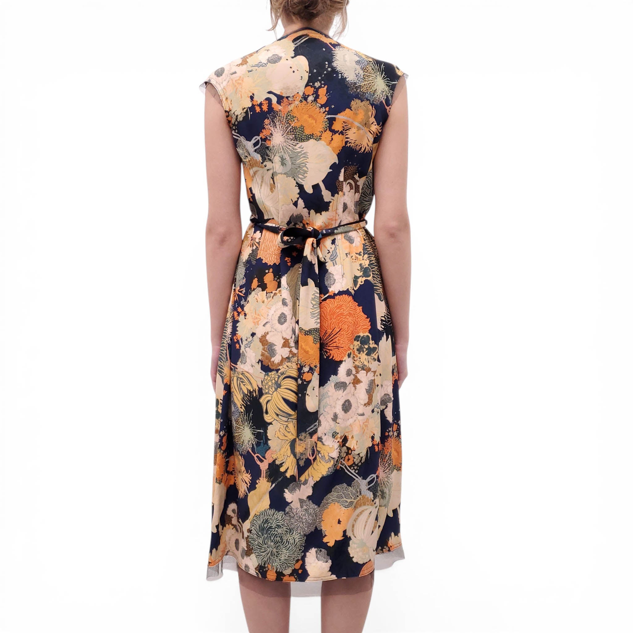 DRIES VAN NOTEN NAVY FLORAL DRESS WITH BELT - SIZE 36