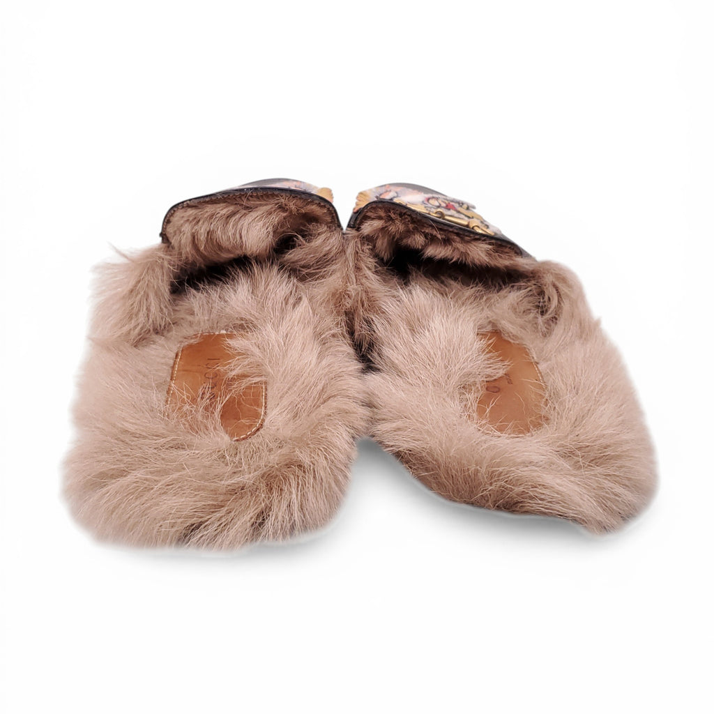 GUCCI FUR MULES WITH EMBROIDERED TIGER DETAIL - SIZE 40