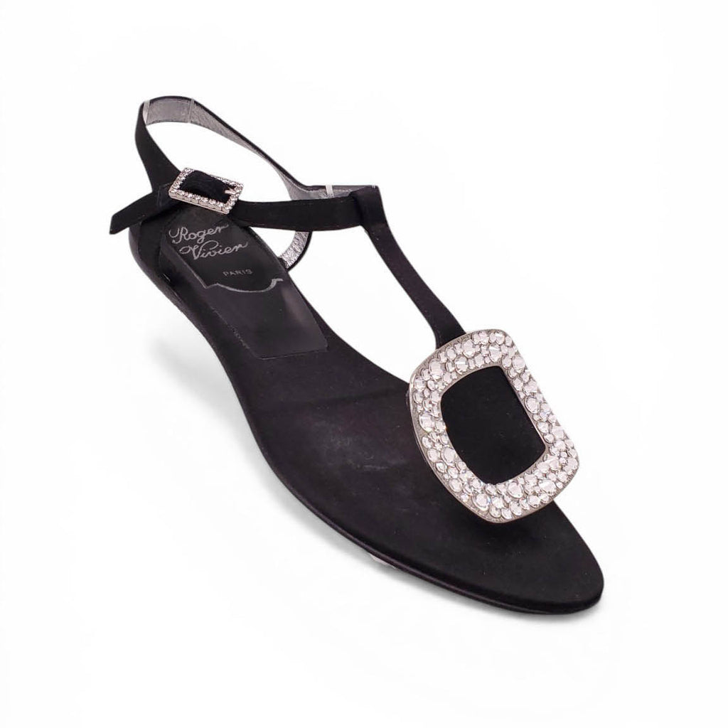 ROGER VIVIER BLACK SATIN CRYSTAL FLATS - SIZE 35