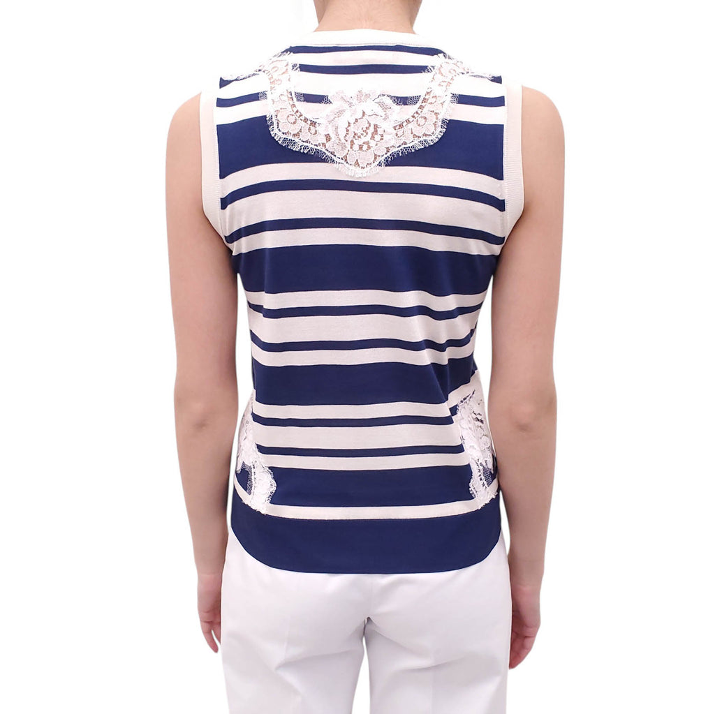 DOLCE & GABBANA STRIPED BLUE SLEEVELESS SWEATER WITH LACE DETAIL - SIZE 38