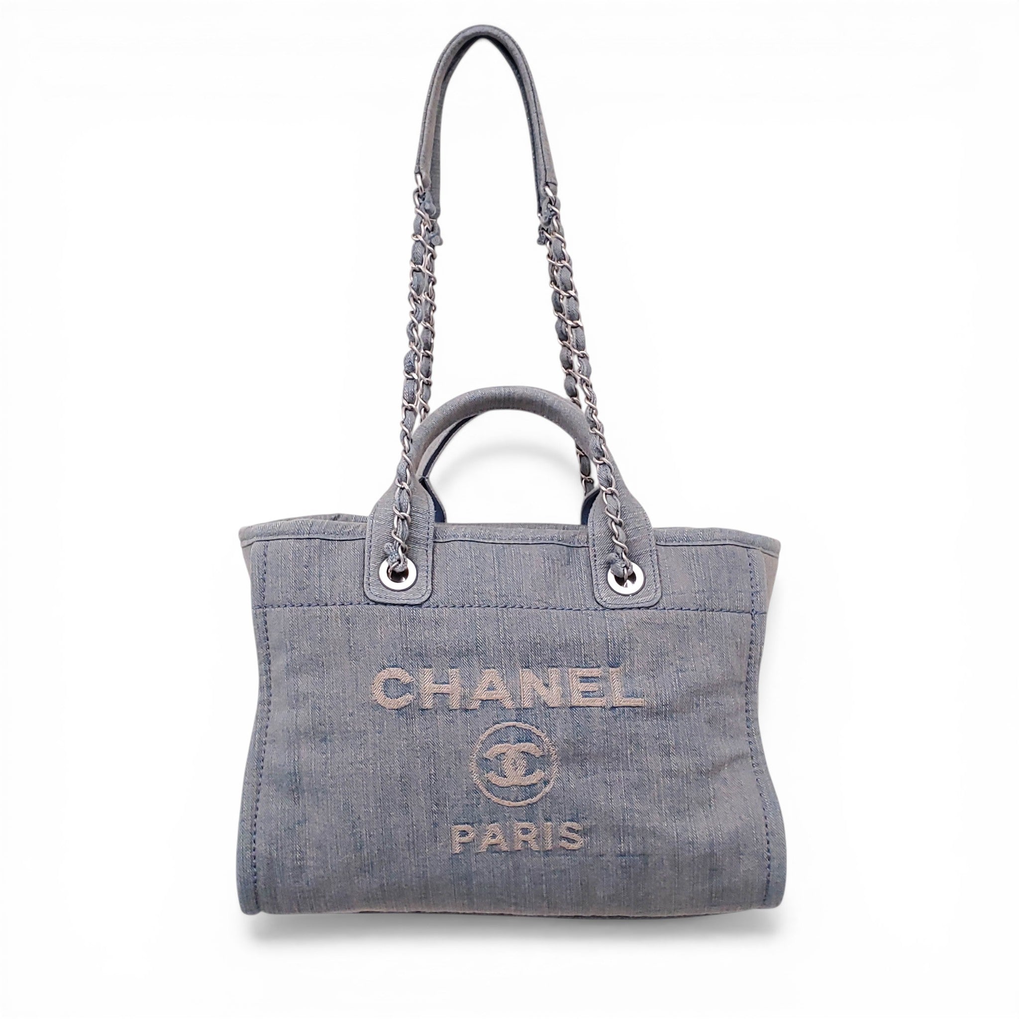 CHANEL DENIM PETITE DEAUVILLE SHOPPING TOTE BAG